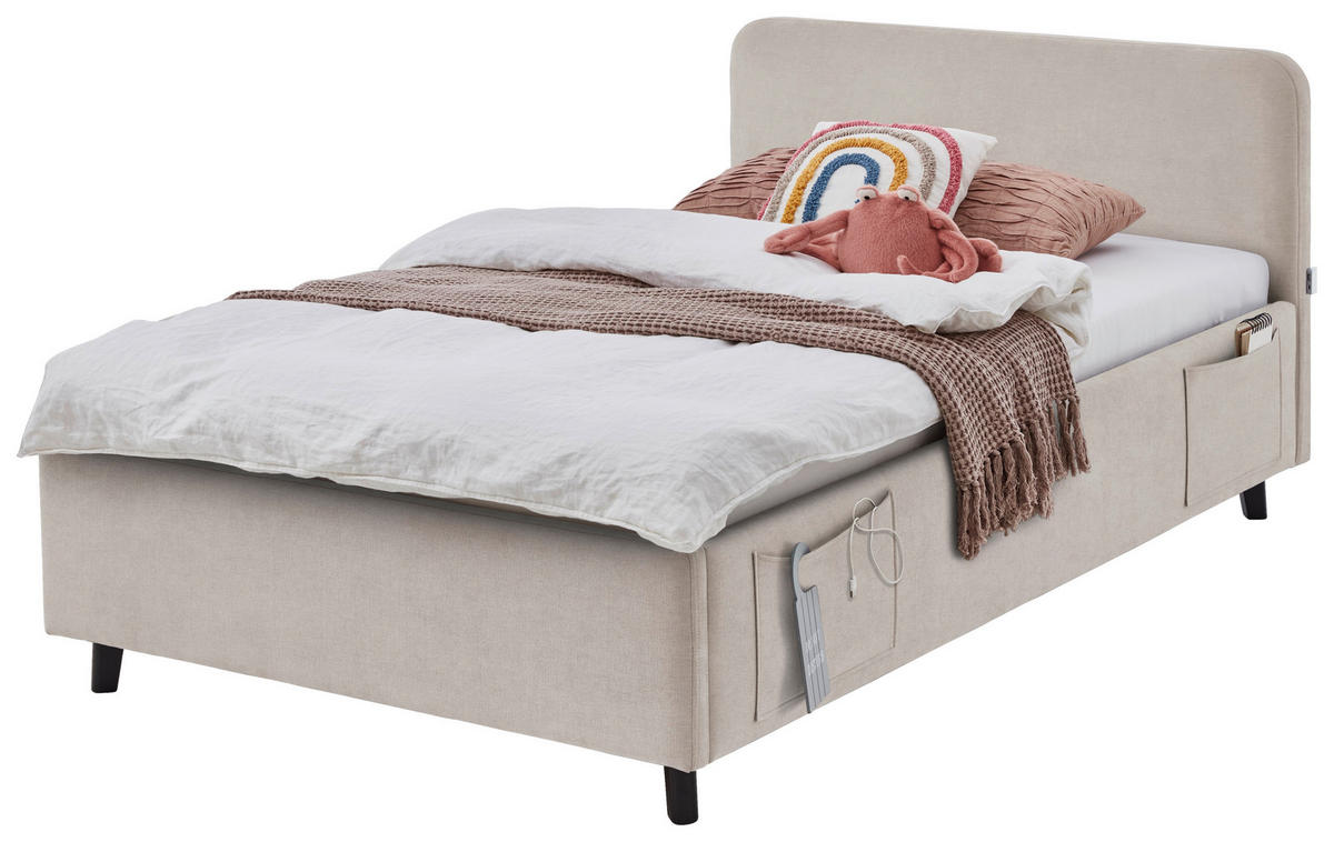 POLSTERBETT 120/200 cm,  in Schwarz, Beige, Lattenrost, Bettkasten, Betttasche,  - Birkefarben/Beige, KONVENTIONELL, Holz/Textil (120/200cm) - Boxxx