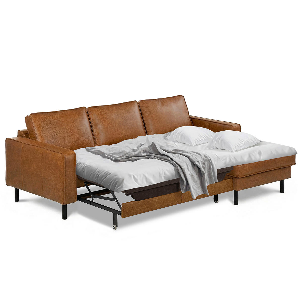 ECKSOFA  in Echtleder Cognac  - Cognac/Schwarz, Design, Leder/Metall (166/238cm) - Livetastic