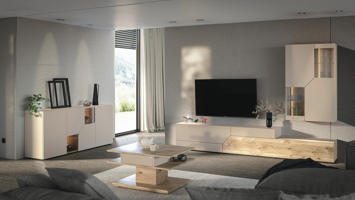 WOHNWAND 2-teilig  in Taupe, Wildeiche  288/194/45 cm  - Taupe/Wildeiche, Design, Glas/Holz (288/194/45cm) - Voglauer