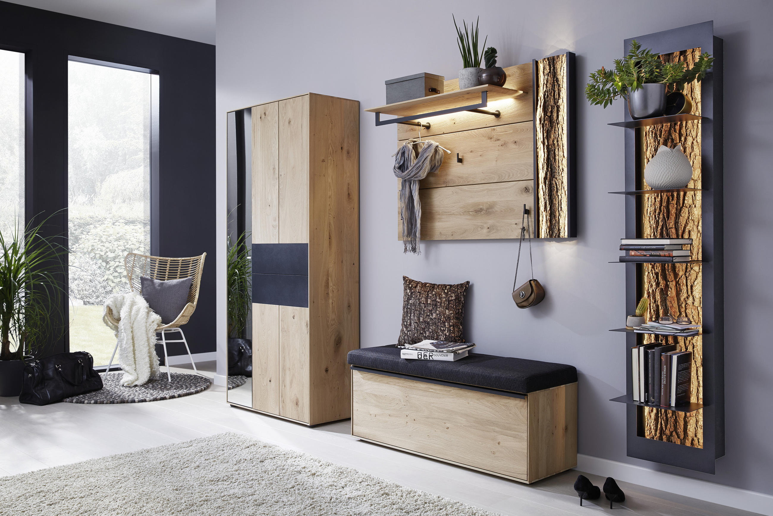 GARDEROBENBANK Flachgewebe Kerneiche vollmassiv Anthrazit, Eichefarben - Eichefarben/Anthrazit, Natur, Holz/Kunststoff (118/50/41cm) - Valnatura
