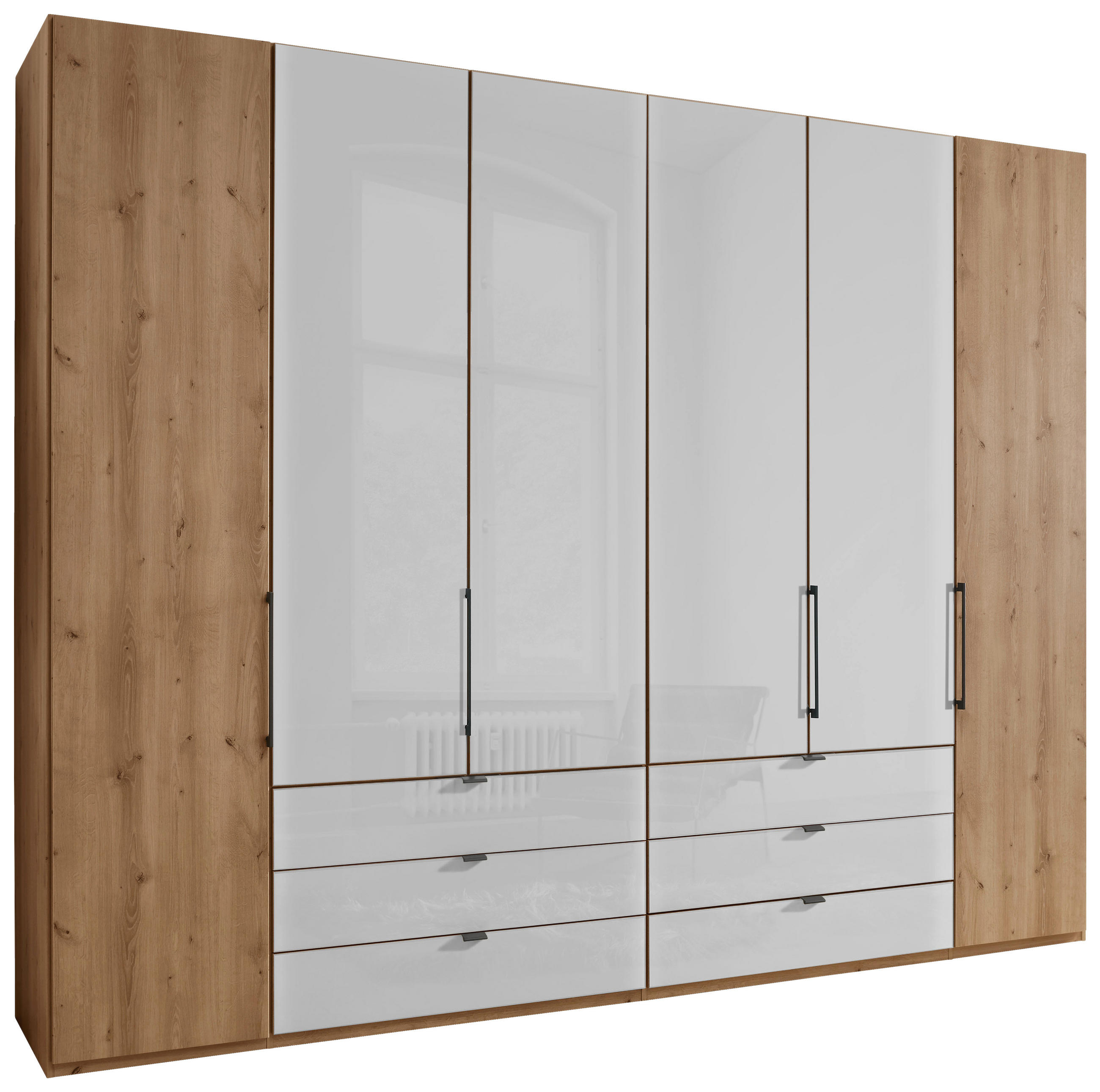 FALTTÜRENSCHRANK 300/236/58 cm 4-türig Weiß, Eiche Bianco  - Schieferfarben/Eiche Bianco, KONVENTIONELL, Glas/Holzwerkstoff (300/236/58cm) - Dieter Knoll