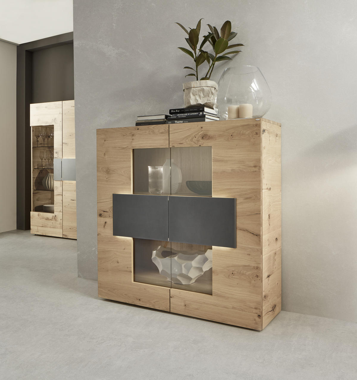 HIGHBOARD  in 128,2/131,2/43,5 cm  - Eichefarben/Anthrazit, Natur, Glas/Holz (128,2/131,2/43,5cm) - Voglauer