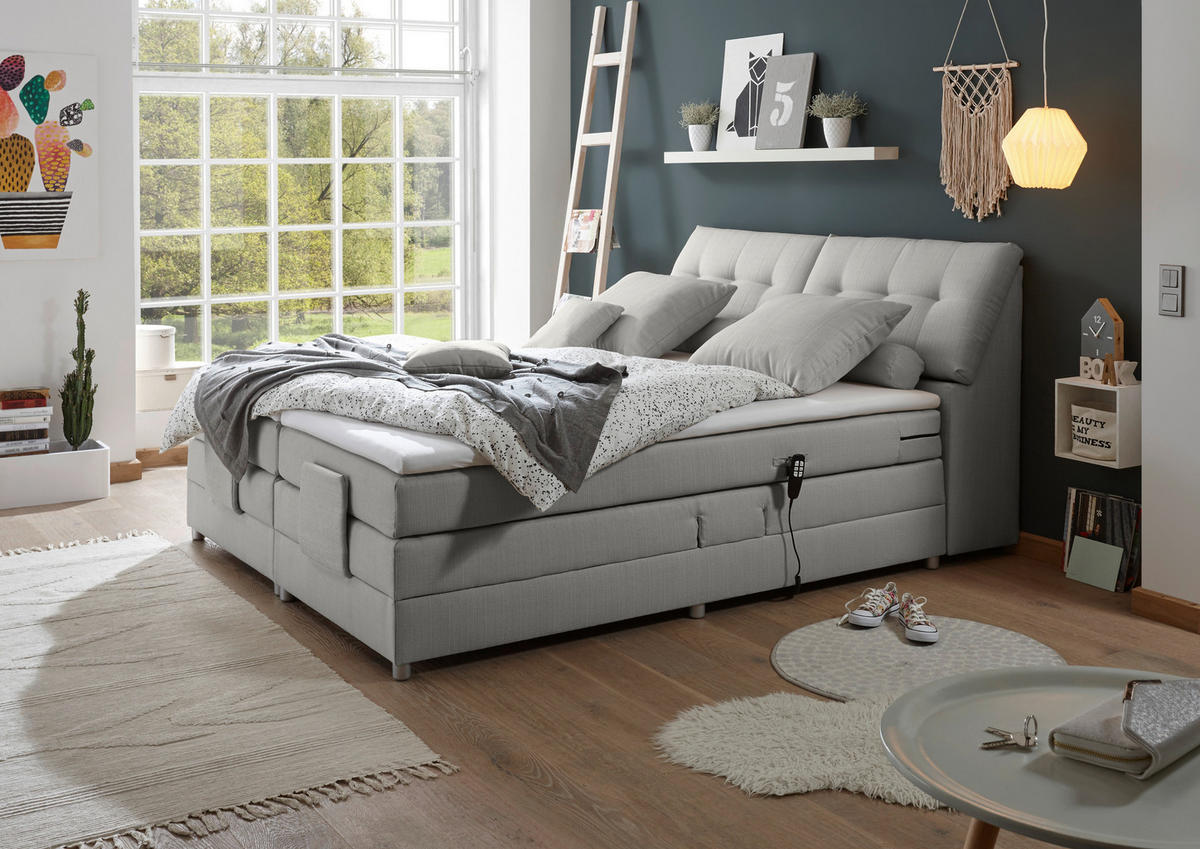 BOXSPRINGBETT 180/200 cm,  in Silberfarben, Matratze, Bettkasten, Topper, motorische Verstellbarkeit, H2 = mittel  - Silberfarben, Design, Kunststoff/Textil (180/200cm) - Esposa