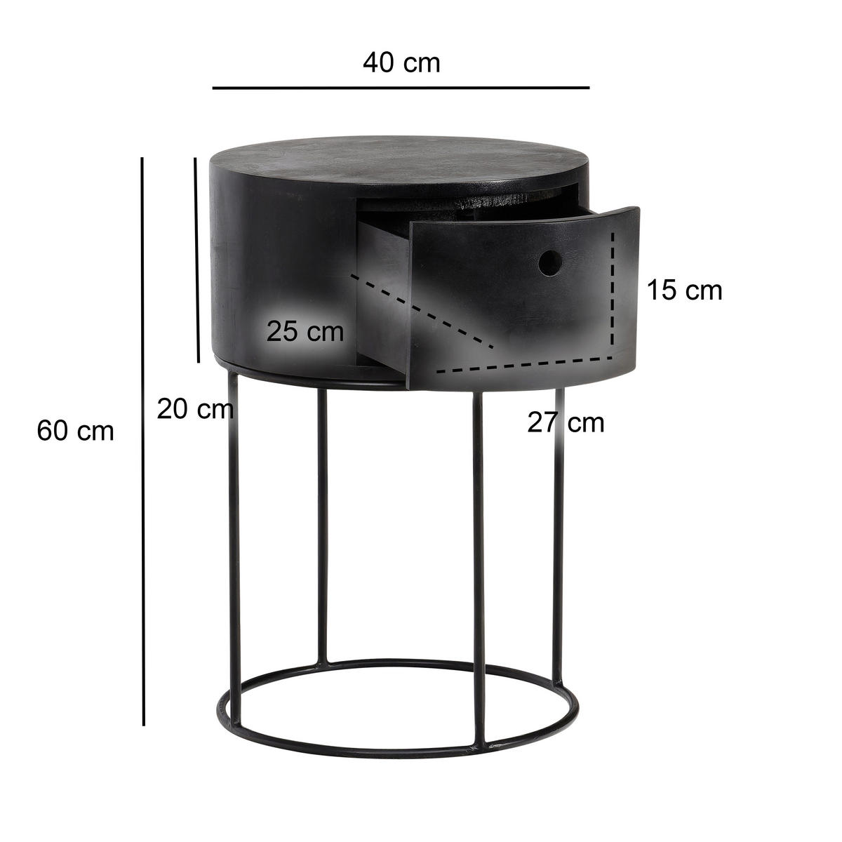 NACHTTISCH Mangoholz massiv  - Schwarz, Design, Holz/Metall (40/40/60cm) - Livetastic