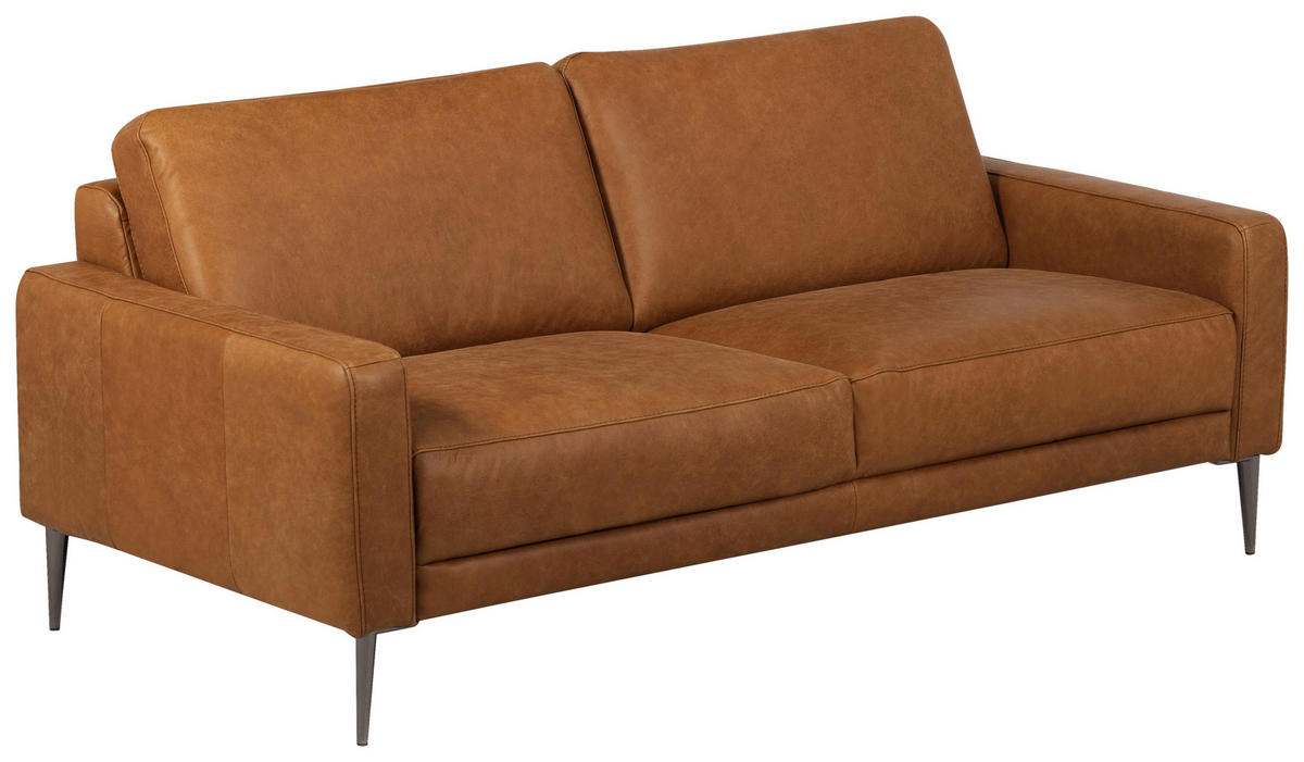 2-SITZER-SOFA SPRING Cognac Echtleder  - Cognac/Schwarzchrom, Design, Leder/Metall (157/85/92cm) - Livetastic