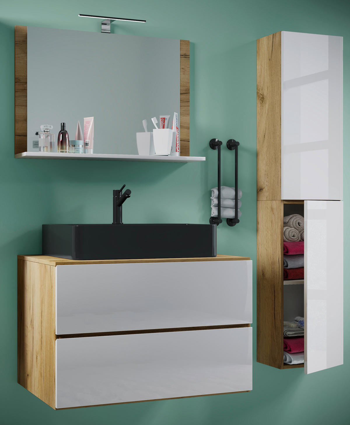 BADEZIMMER 4-teilig  in 114 cm  - Honigeiche/Weiss, Modern, Glas/Keramik (114cm) - MID.YOU