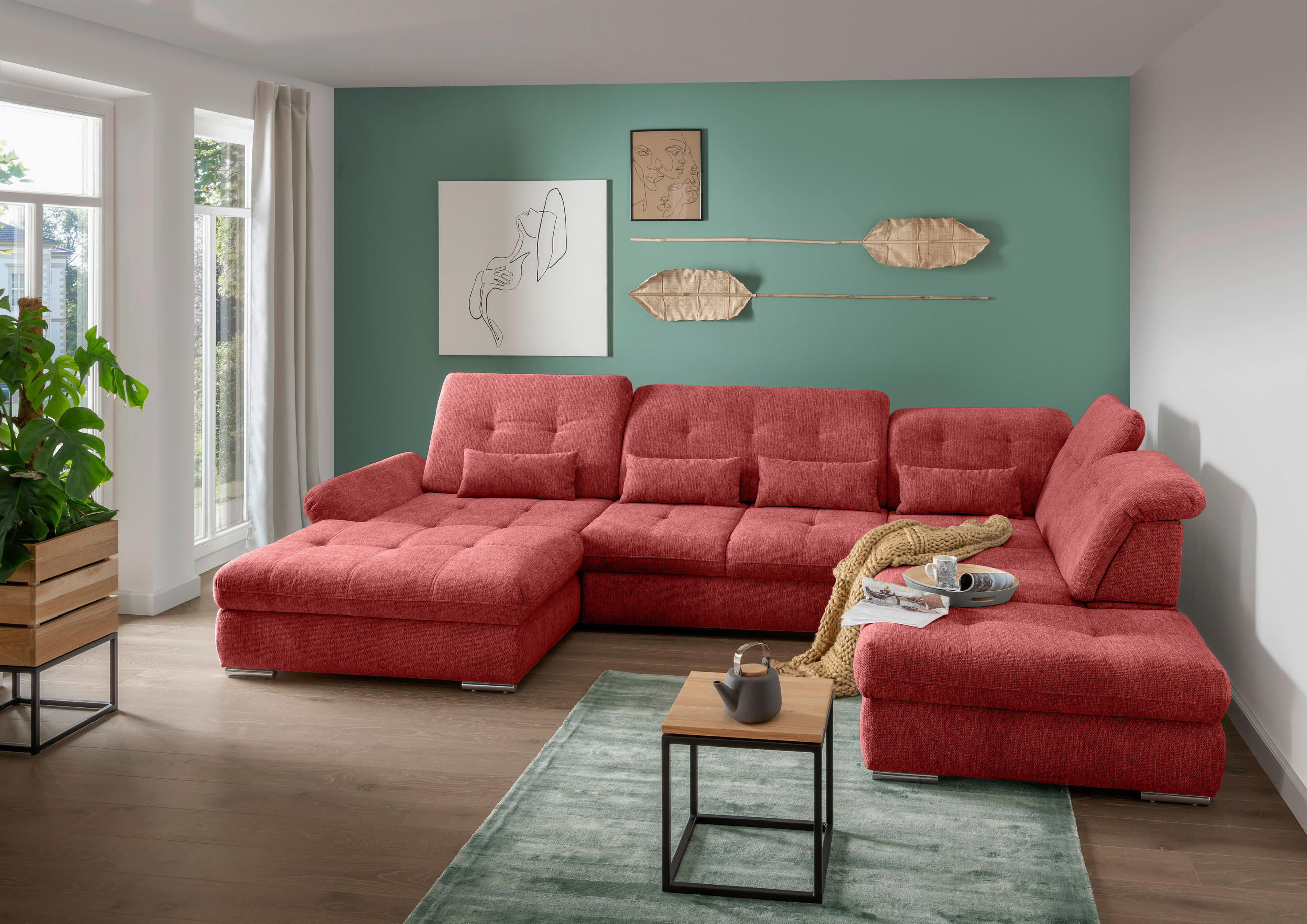 WOHNLANDSCHAFT in Chenille Rot  - Chromfarben/Rot, Design, Textil/Metall (195/376/254cm) - Livetastic
