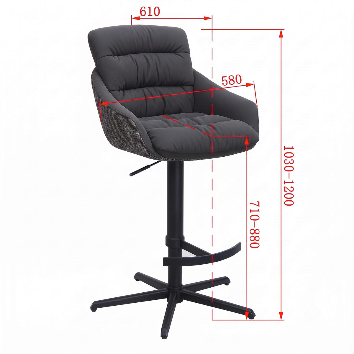 BARHOCKER Webstoff Echtleder Schwarz Stahl Sitzfläche 360° drehbar, inklusive Armlehnen, automatische Rückholfunktion  - Schwarz, Design, Leder/Textil (58/103/120/61cm) - Dieter Knoll