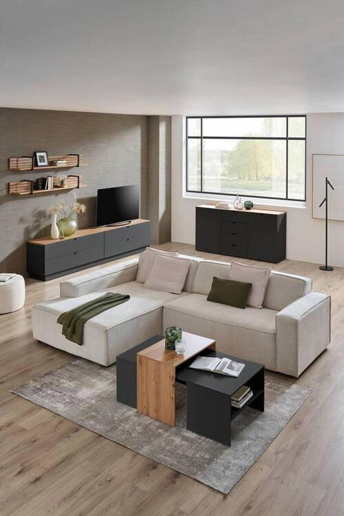 TV-ELEM 140/62/44 cm  - grafitszürke/fekete, Modern, faalapú anyag/fém (140/62/44cm) - Hom`in