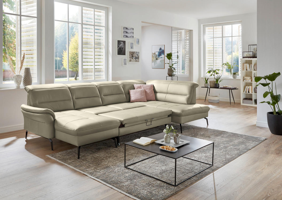 WOHNLANDSCHAFT in Echtleder Creme, Naturfarben  - Creme/Schwarz, Design, Leder/Metall (181/336/206cm) - Beldomo Speed