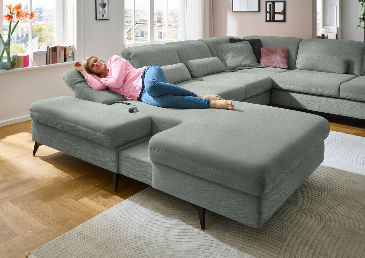 WOHNLANDSCHAFT Chenille Hellgrau  - Hellgrau/Schwarz, Design, Textil/Metall (198/364/255cm) - Beldomo Style