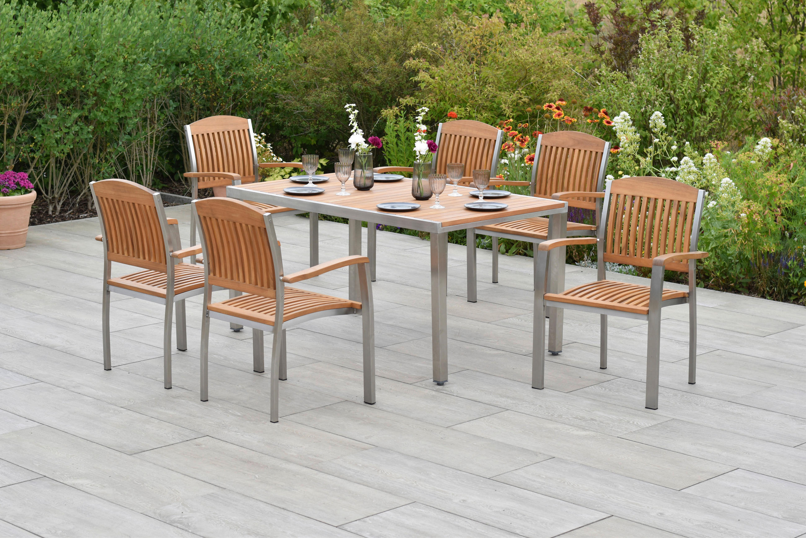 GARTENSET Akazie massiv Edelstahl  - Silberfarben/Naturfarben, MODERN, Holz/Metall - Gardenson