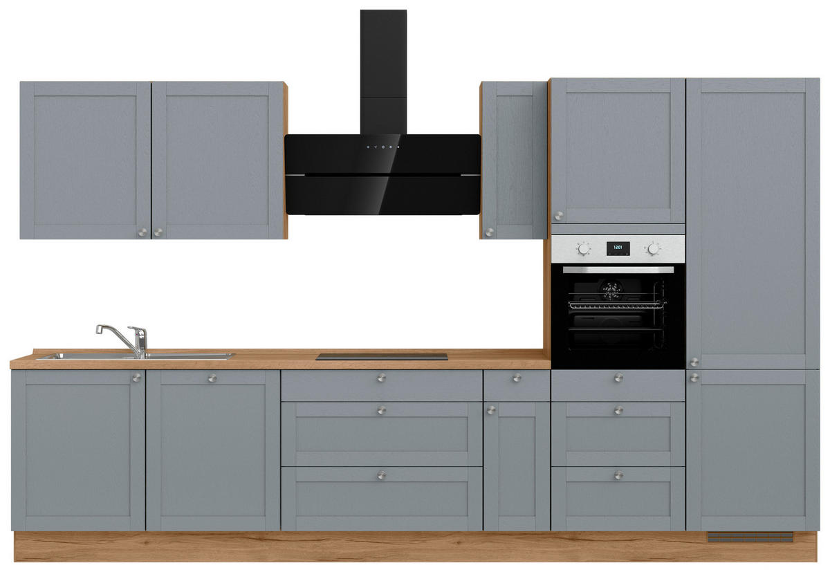KÜCHENBLOCK Frame 360 cm  in Eichefarben, Blaugrau  - Edelstahlfarben/Eichefarben, MODERN, Holzwerkstoff/Metall (360cm) - Nobilia