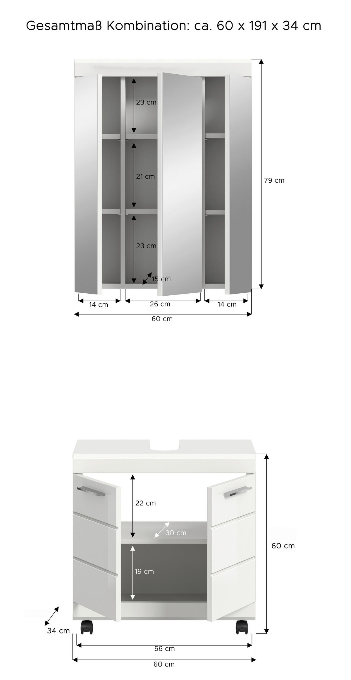 BADEZIMMER 2-teilig  in 60 cm  - Weiß Hochglanz/Silberfarben, Trend, Glas/Holzwerkstoff (60cm) - MID.YOU