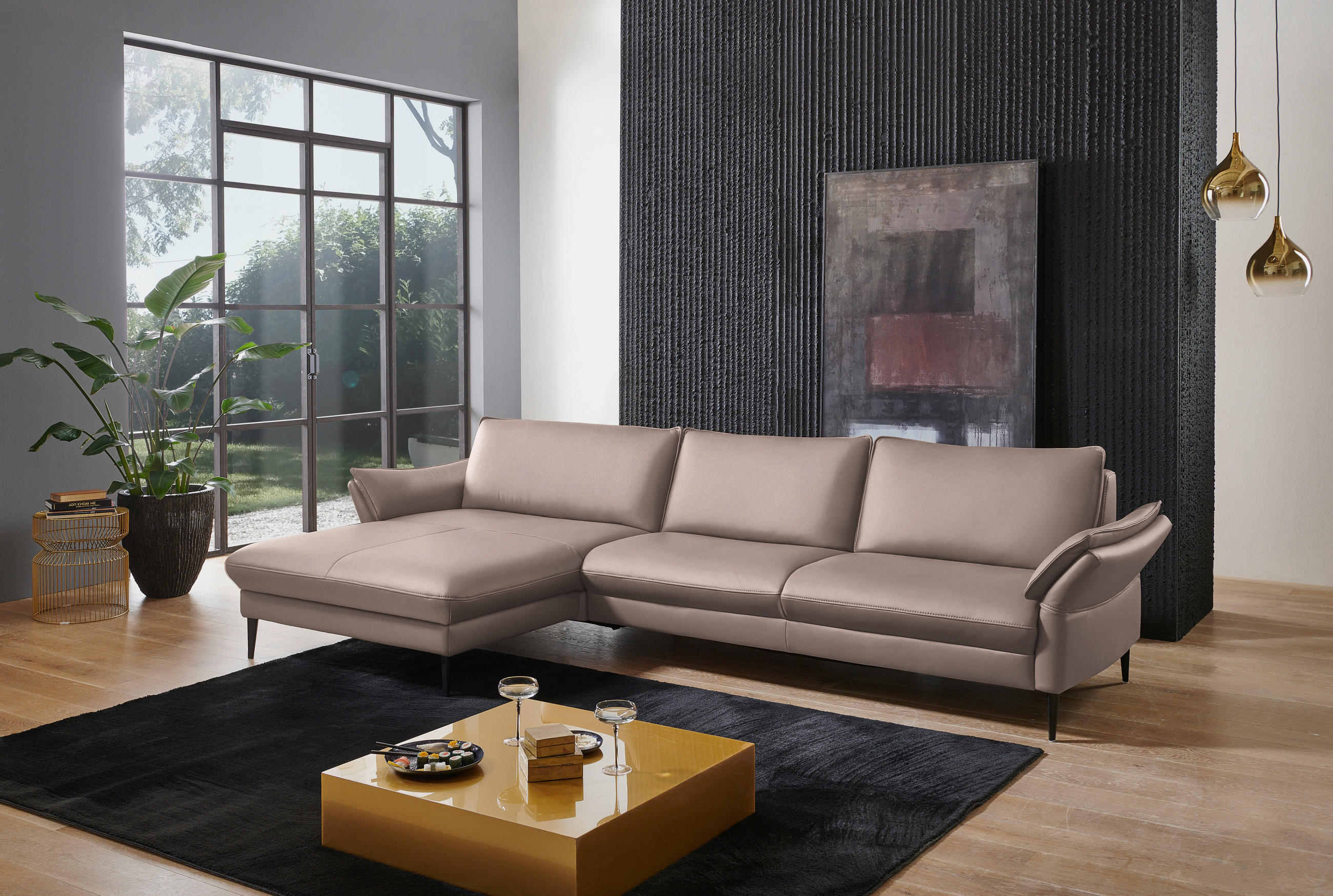 ECKSOFA in Echtleder Taupe  172/334 cm  - Taupe/Schwarz, Design, Leder/Metall (172/334cm) - Valdera