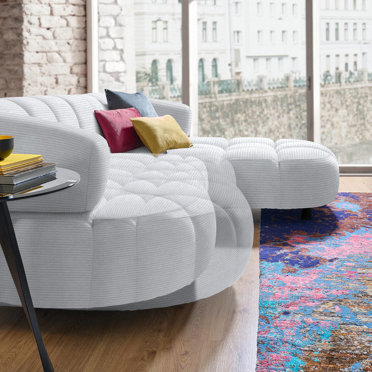 ECKSOFA in Cord, Velours Hellgrau  - Hellgrau/Schwarz, Design, Holz/Textil (284/183cm) - Welnova
