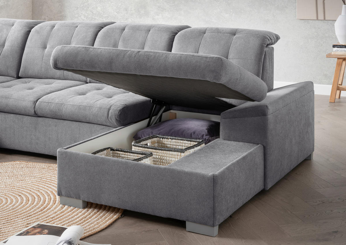 WOHNLANDSCHAFT Dunkelgrau Chenille  - Chromfarben/Dunkelgrau, MODERN, Kunststoff/Textil (212/330/169cm) - Livetastic