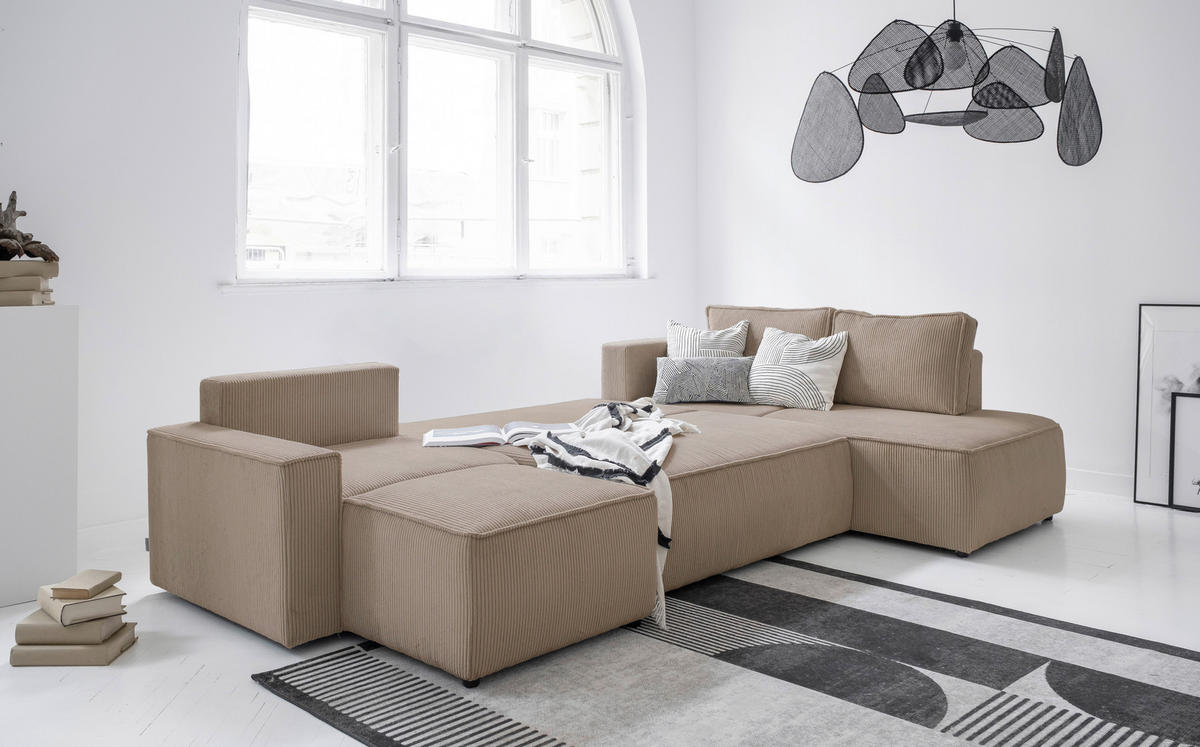WOHNLANDSCHAFT Taupe Cord  - Taupe/Schwarz, Design, Kunststoff/Textil (156/322/194cm) - MID.YOU