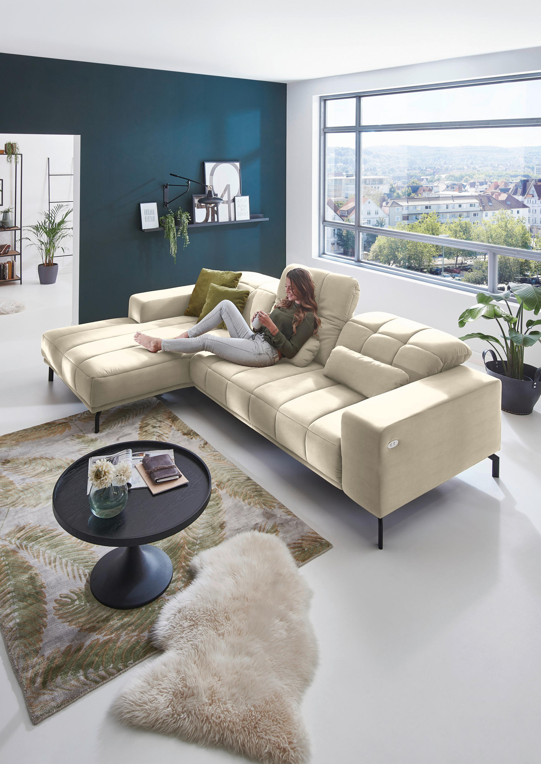 ECKSOFA Creme Velours  - Creme/Schwarz, Design, Textil/Metall (195/293cm) - Beldomo Style