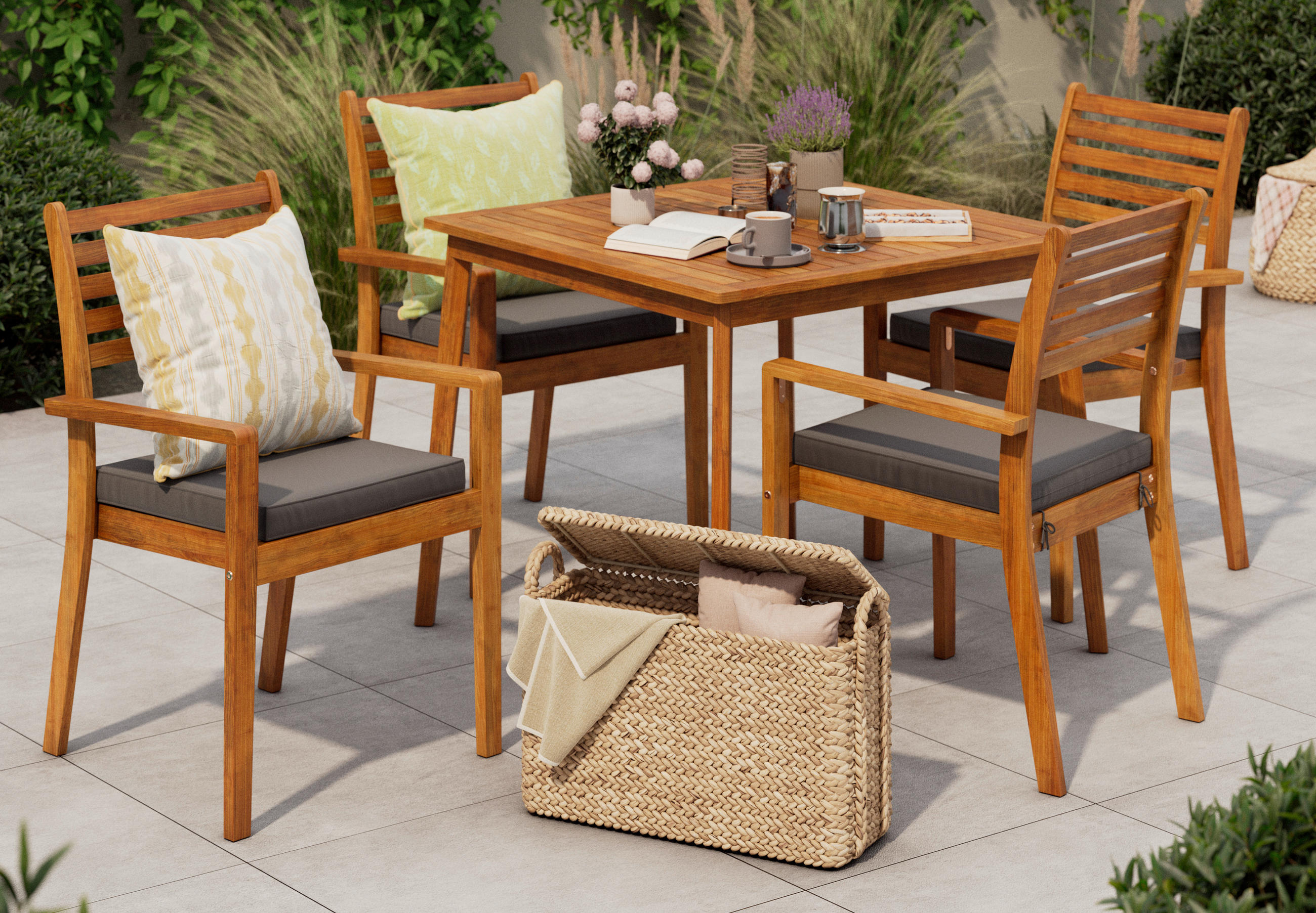 GARTENTISCHGRUPPE Webstoff Akazie Hartholz  - Anthrazit/Teakfarben, MODERN, Holz/Textil (90/65/75/82/90/62cm) - Ambia Garden