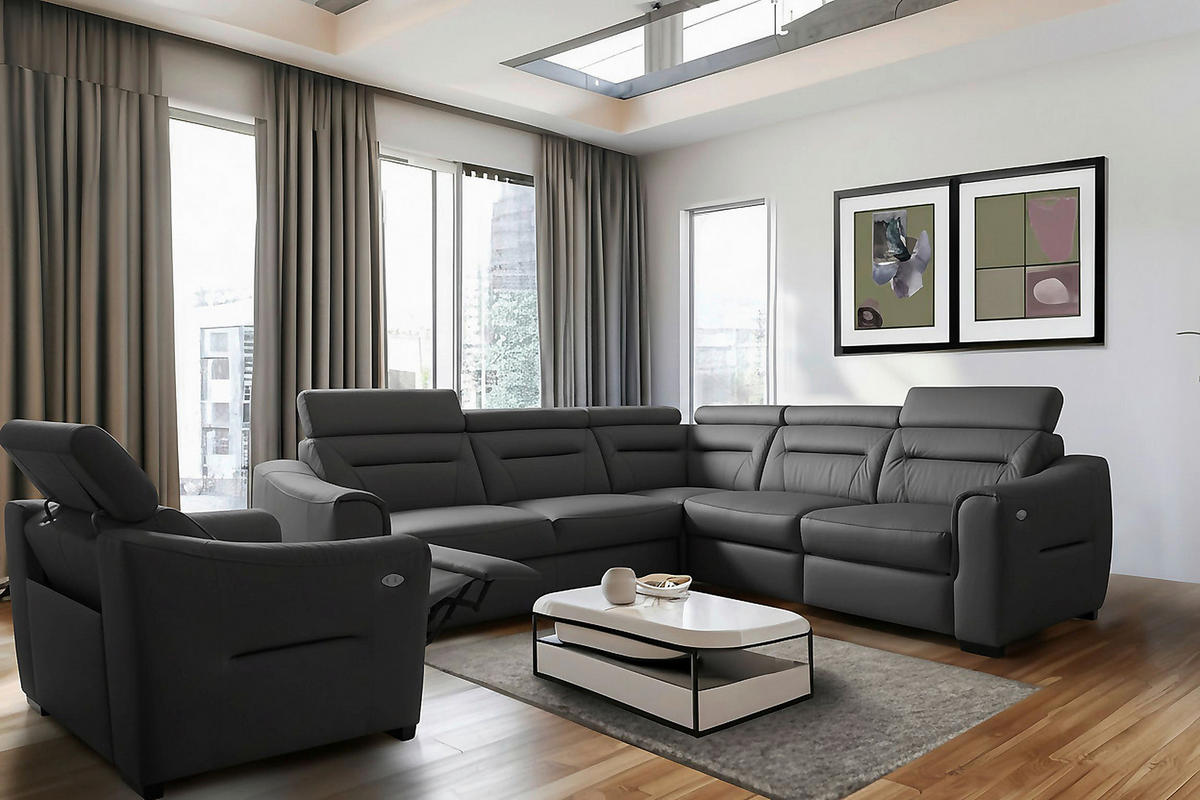 ECKSOFA  in Lederlook Echtleder Anthrazit  - Wengefarben/Anthrazit, Design, Leder/Holz (260/260cm) - Celina Home