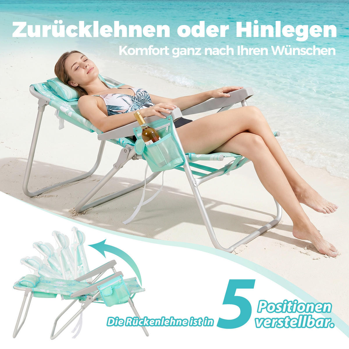 STRANDSTUHL Aluminium Alufarben, Mintgrün  - Alufarben/Mintgrün, Basics, Textil/Metall (62/77/96cm) - Modante