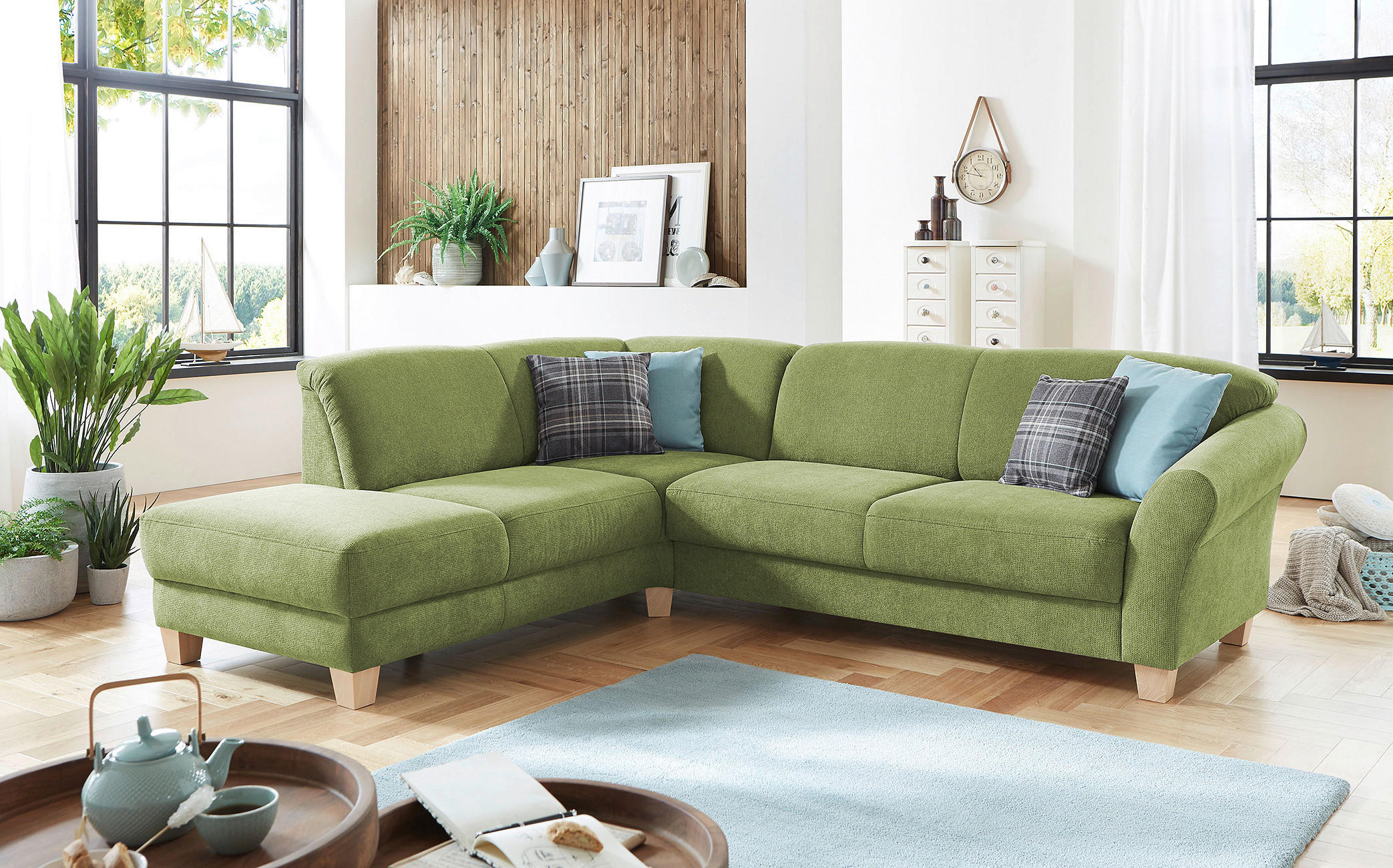 ECKSOFA Grün Flachgewebe Bettkasten, Sitztiefenverstellung  - Naturfarben/Grün, KONVENTIONELL, Holz/Textil (212/257cm) - Sit & More