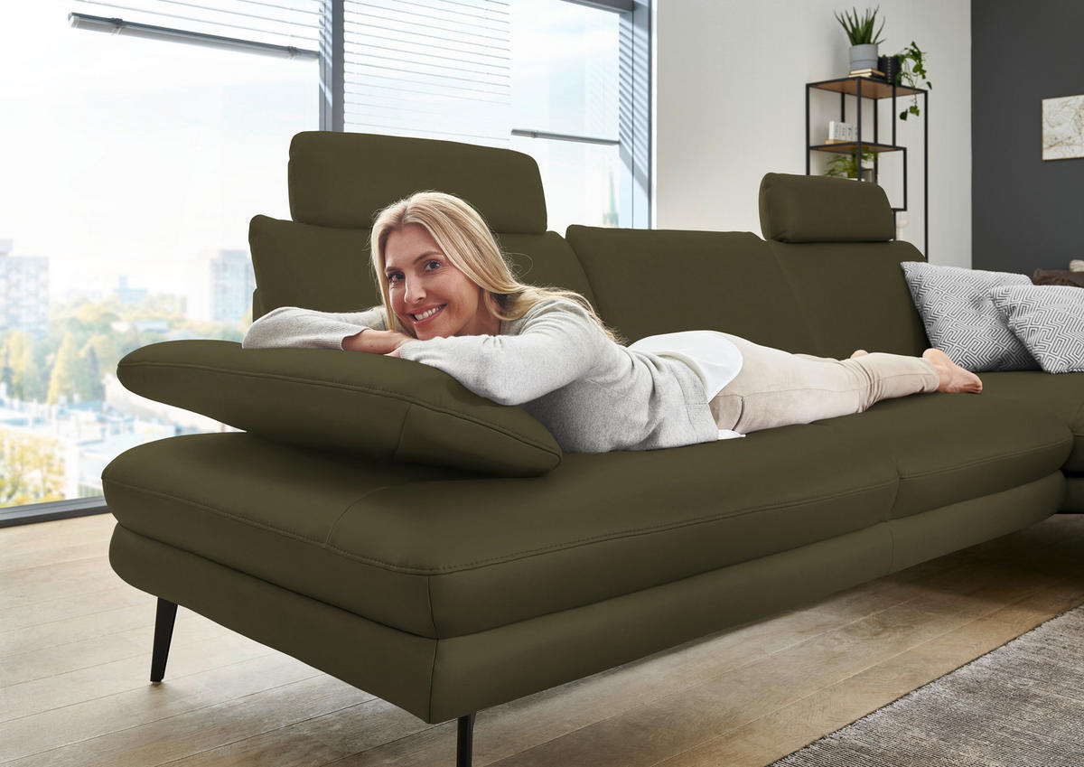 ECKSOFA in Echtleder Olivgrün  - Schwarz/Olivgrün, Design, Leder/Metall (310/180cm) - Dieter Knoll