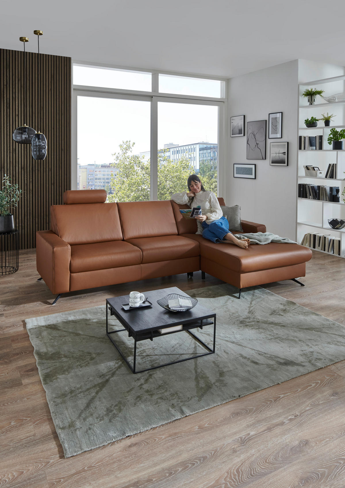 ECKSOFA in Echtleder Cognac  - Cognac/Schwarz, Design, Leder/Metall (267/165cm) - Lomoco