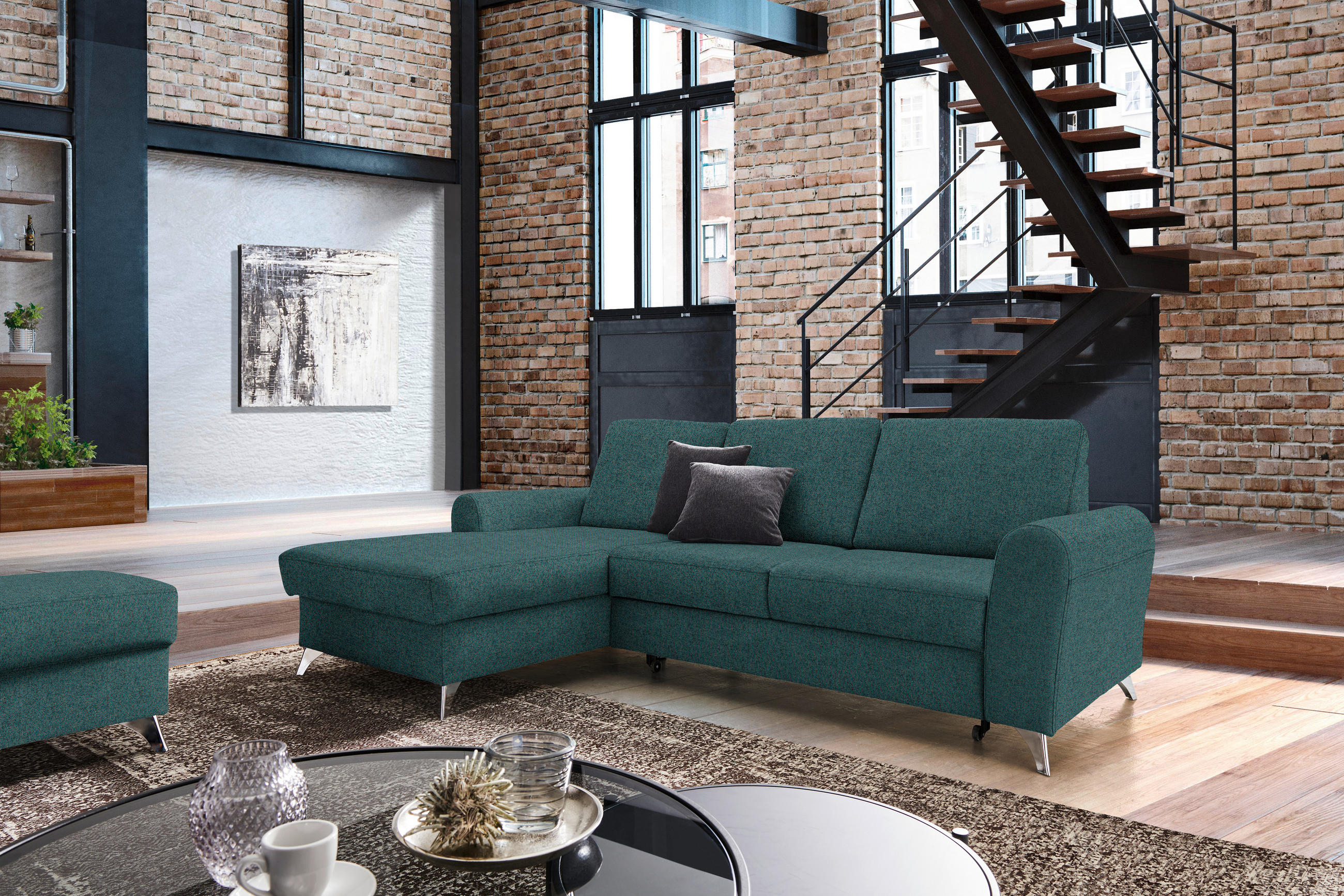 ECKSOFA Petrol Flachgewebe  - Silberfarben/Petrol, Design, Textil/Metall (167/244cm) - Cantus