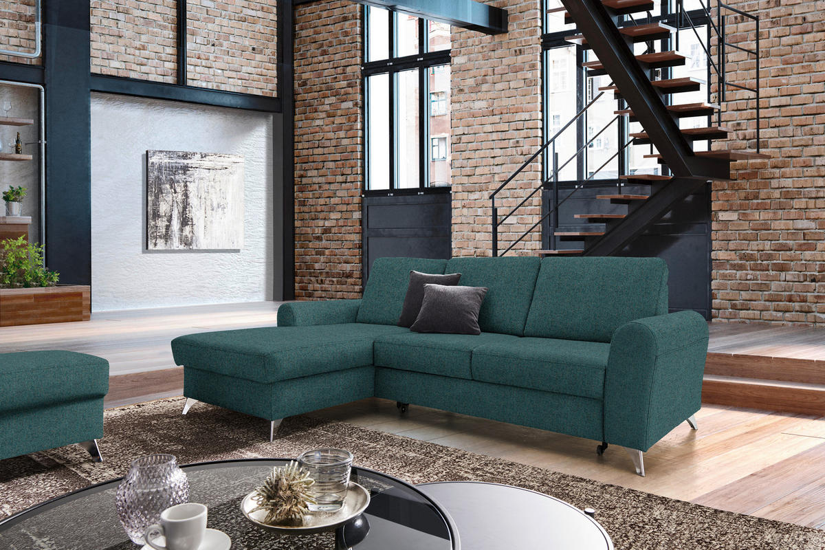 ECKSOFA in Flachgewebe Petrol  - Silberfarben/Petrol, Design, Textil/Metall (167/244cm) - Cantus