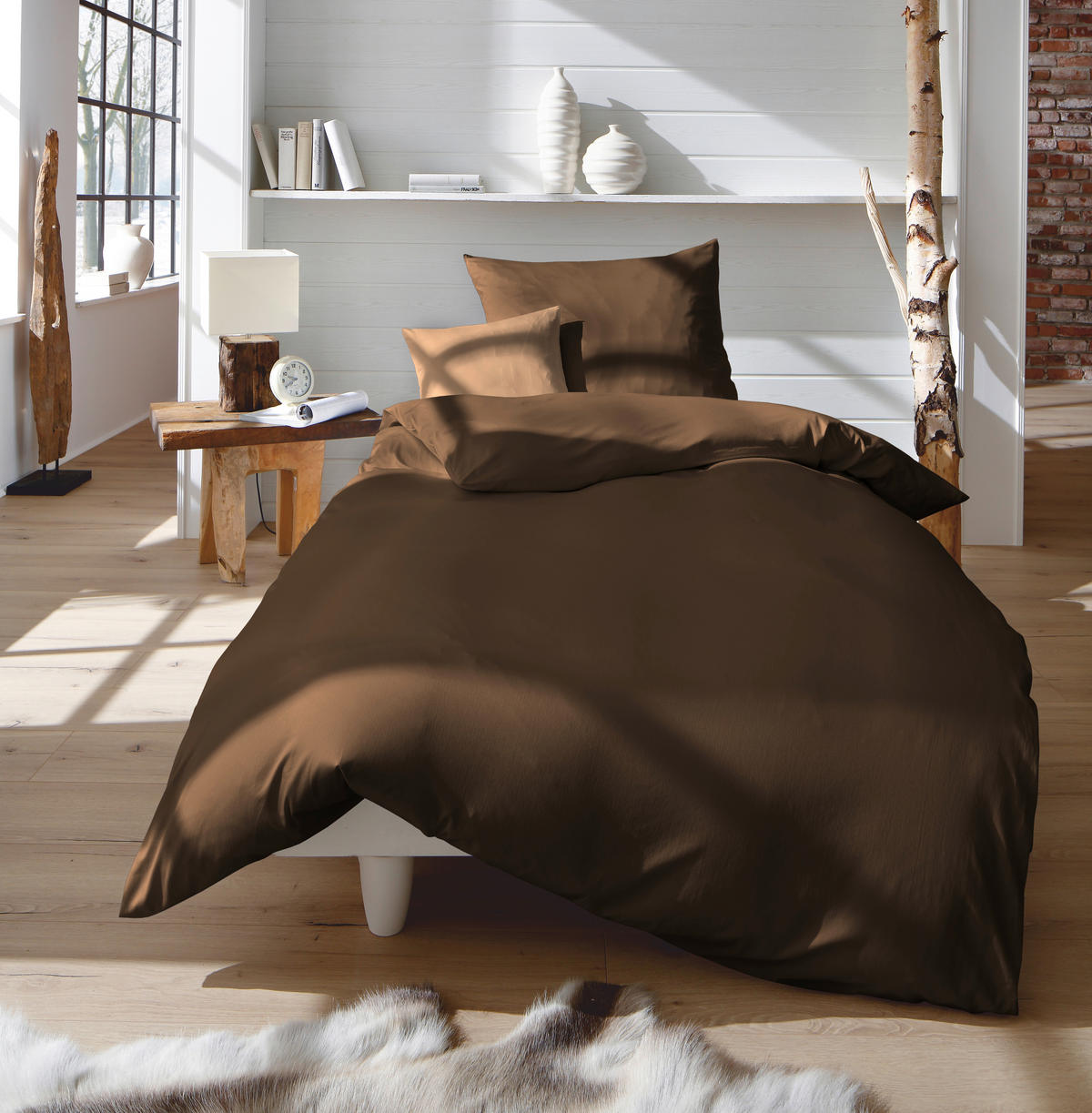 BETTWÄSCHE 2-teilig Makosatin 135/200 cm  - Dunkelbraun, Basics, Textil (135/200cm) - Fleuresse