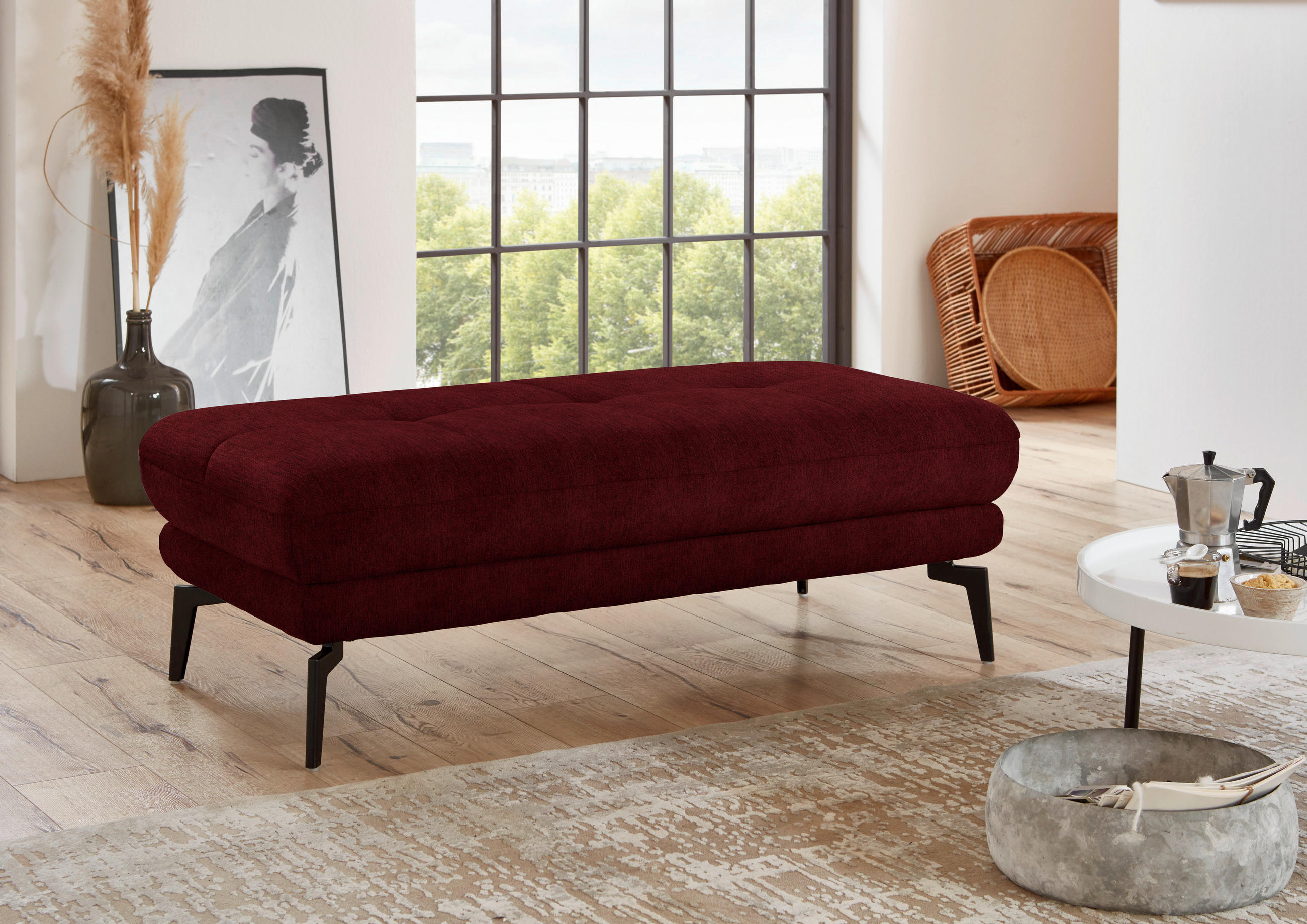 HOCKER in Textil Bordeaux  - Bordeaux/Schwarz, Design, Textil/Metall (132/45/68cm) - Beldomo Style