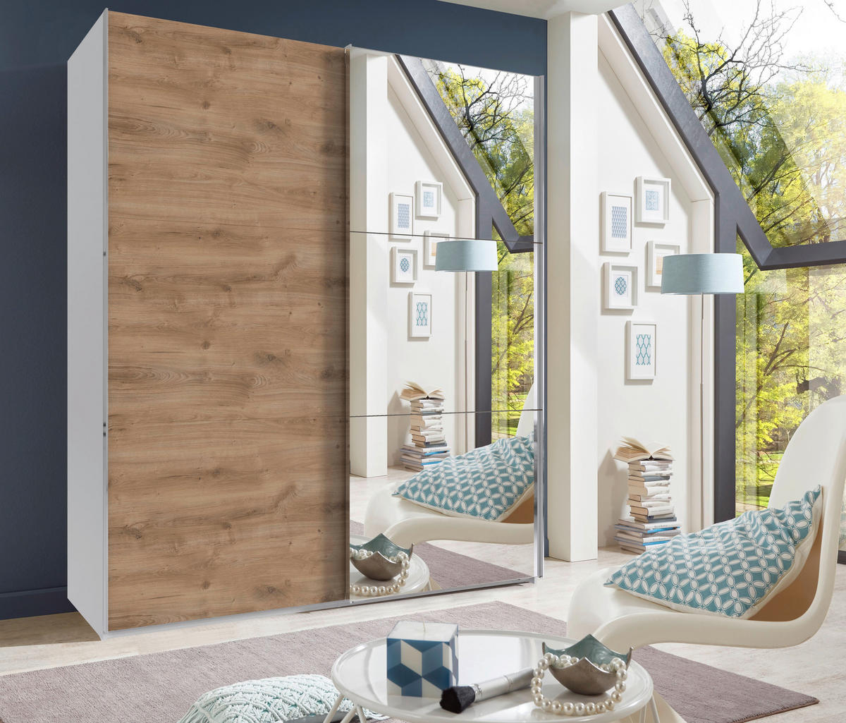 SCHWEBETÜRENSCHRANK  in Weiß, Plankeneiche  - Chromfarben/Plankeneiche, MODERN, Glas/Holzwerkstoff (150/216/65cm) - MID.YOU