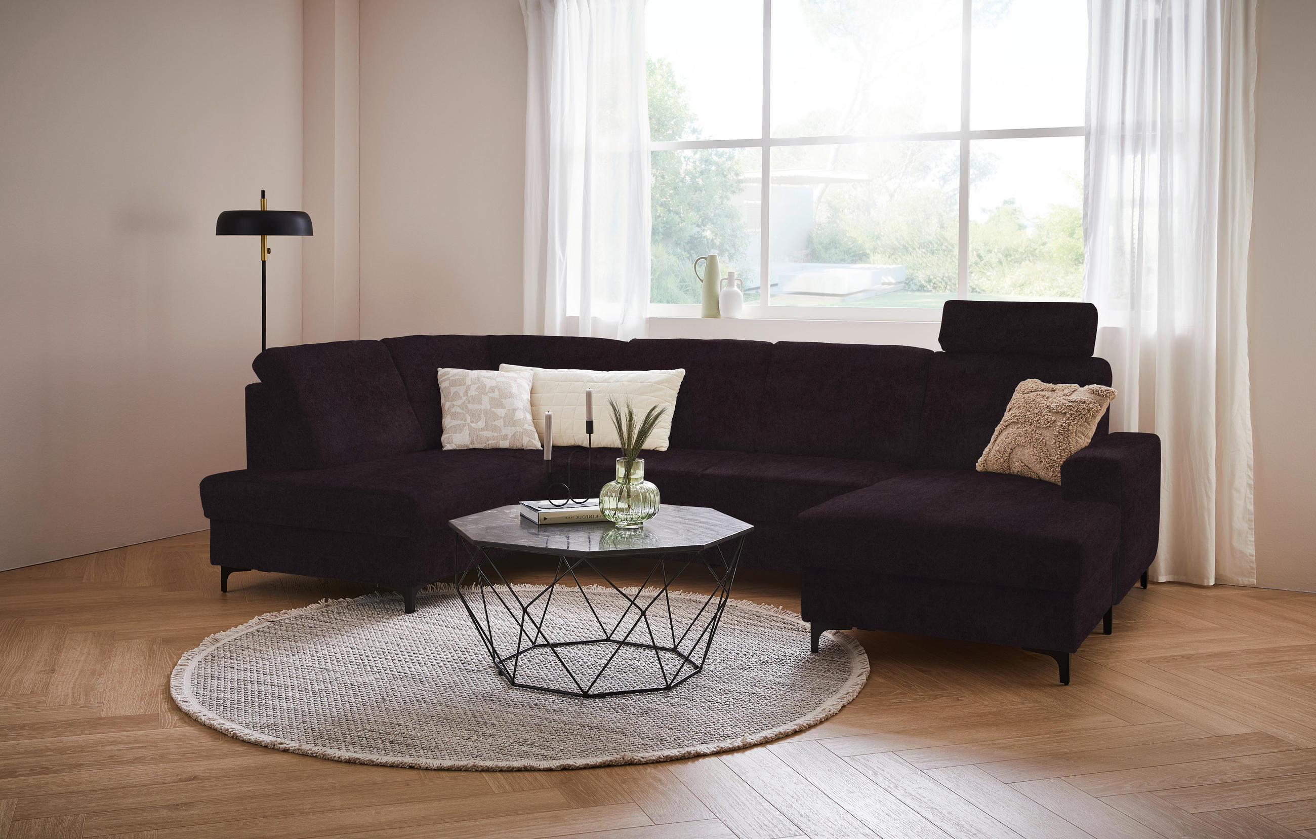 WOHNLANDSCHAFT Aubergine Flachgewebe  - Aubergine/Schwarz, KONVENTIONELL, Textil/Metall (185/317/167cm) - Stylife