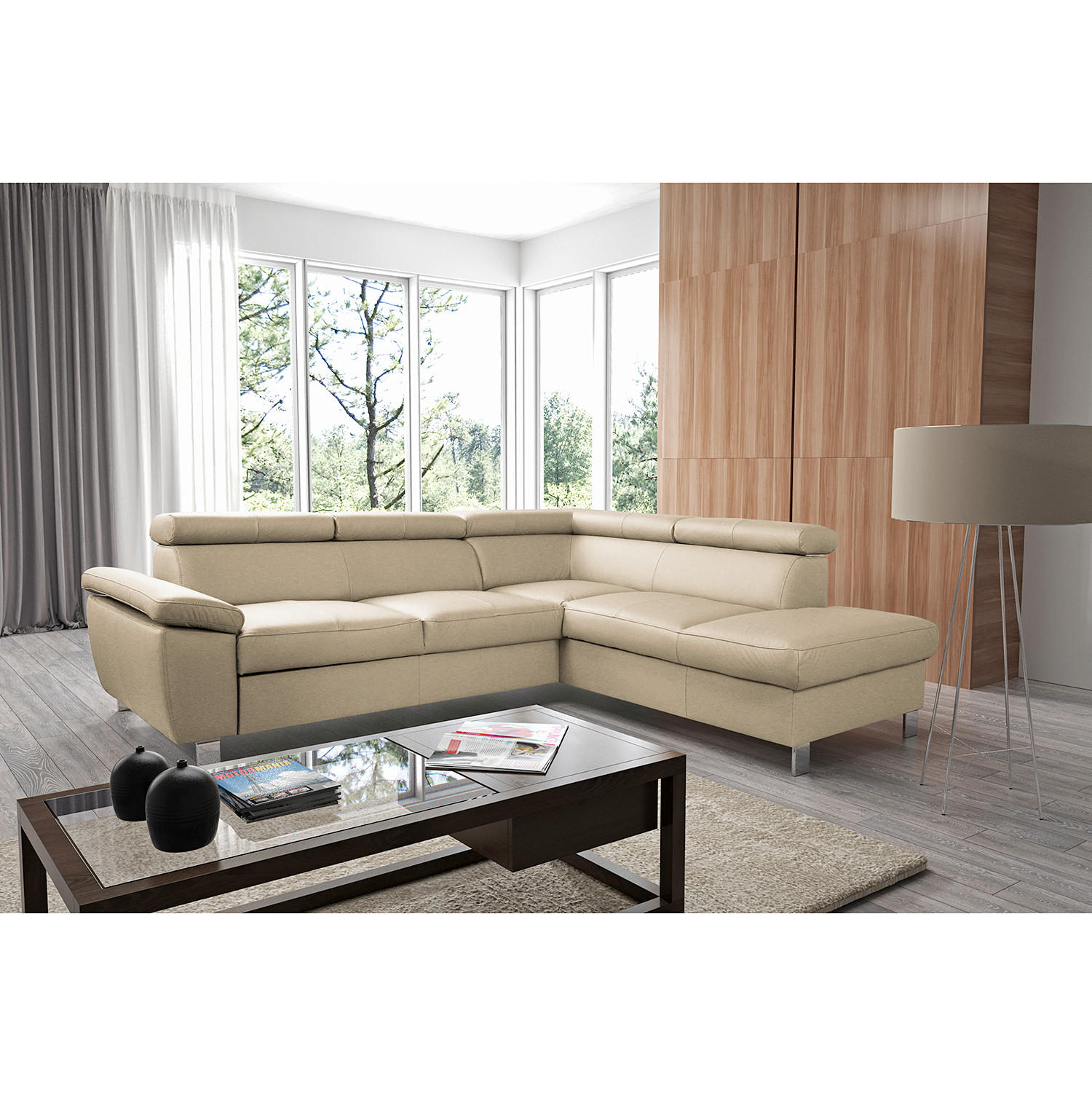 ECKSOFA Beige Echtleder Lederlook  - Chromfarben/Beige, Design, Leder/Textil (248/208cm) - Livetastic