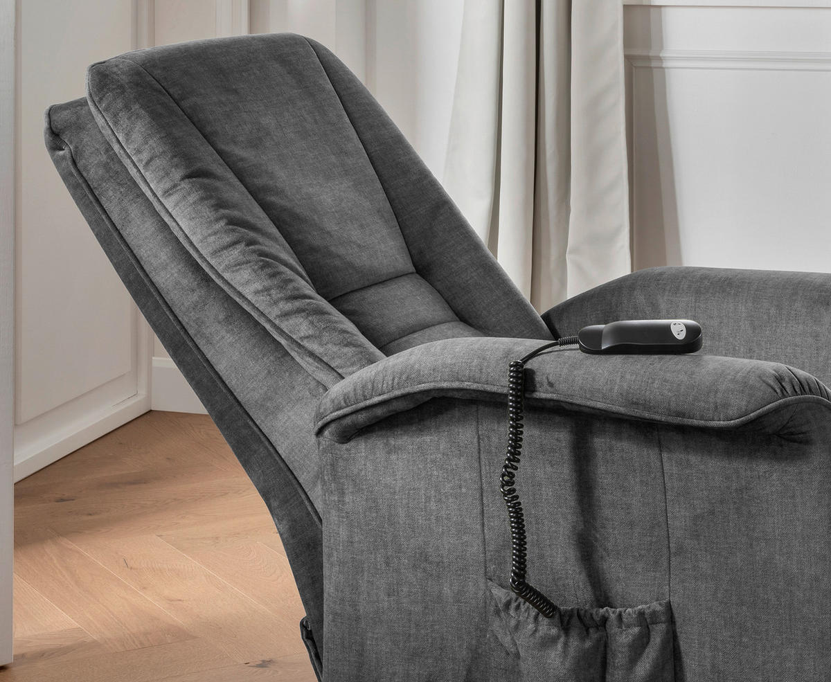 FERNSEHSESSEL  mit Fußteilverstellung, Rücken echt Velours Dunkelgrau  - Dunkelgrau/Schwarz, Design, Kunststoff/Textil (77/107/88cm) - Livetastic