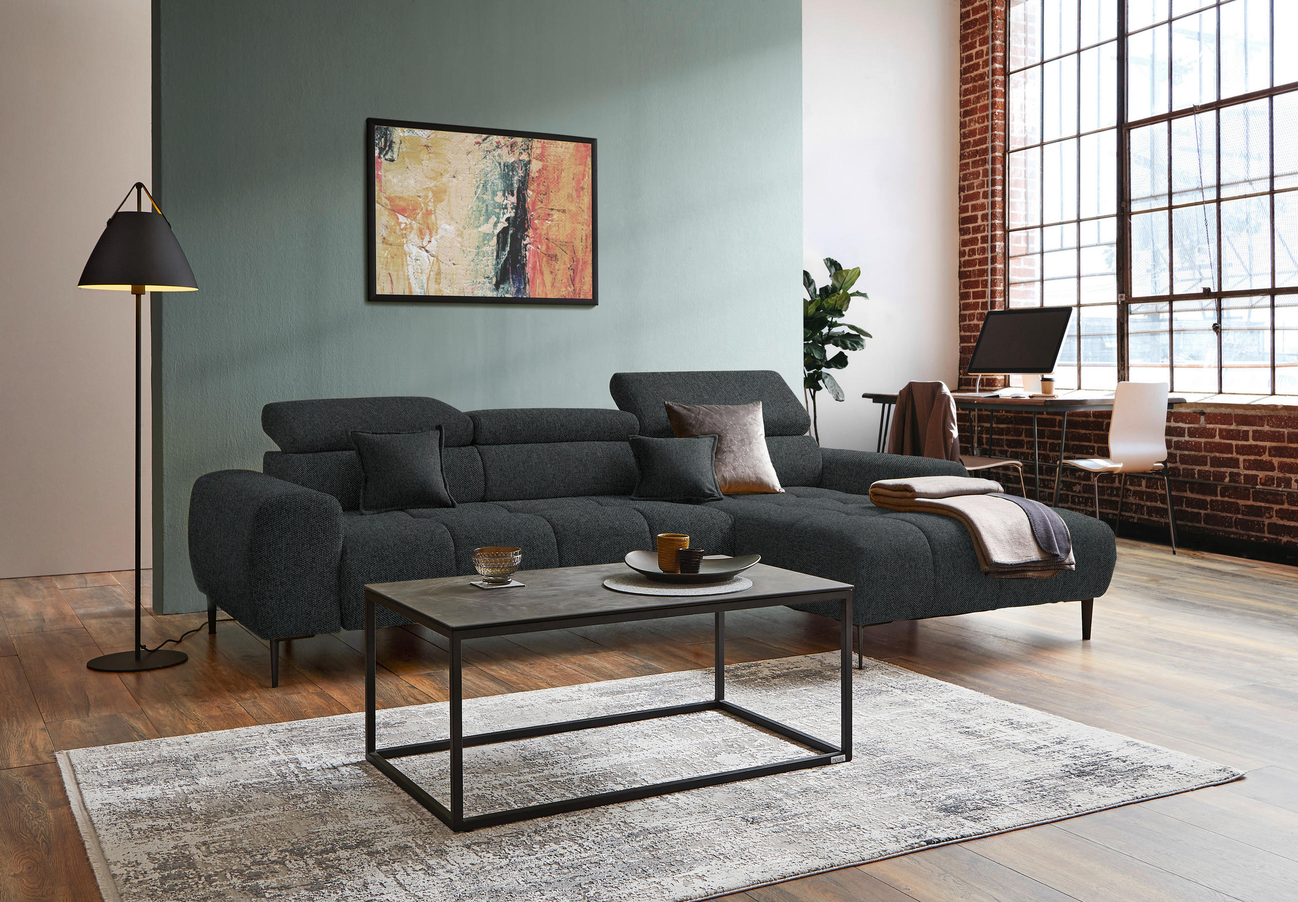 ECKSOFA Graphitfarben Webstoff  - Schwarz/Graphitfarben, Design, Textil/Metall (270/177cm) - Welnova