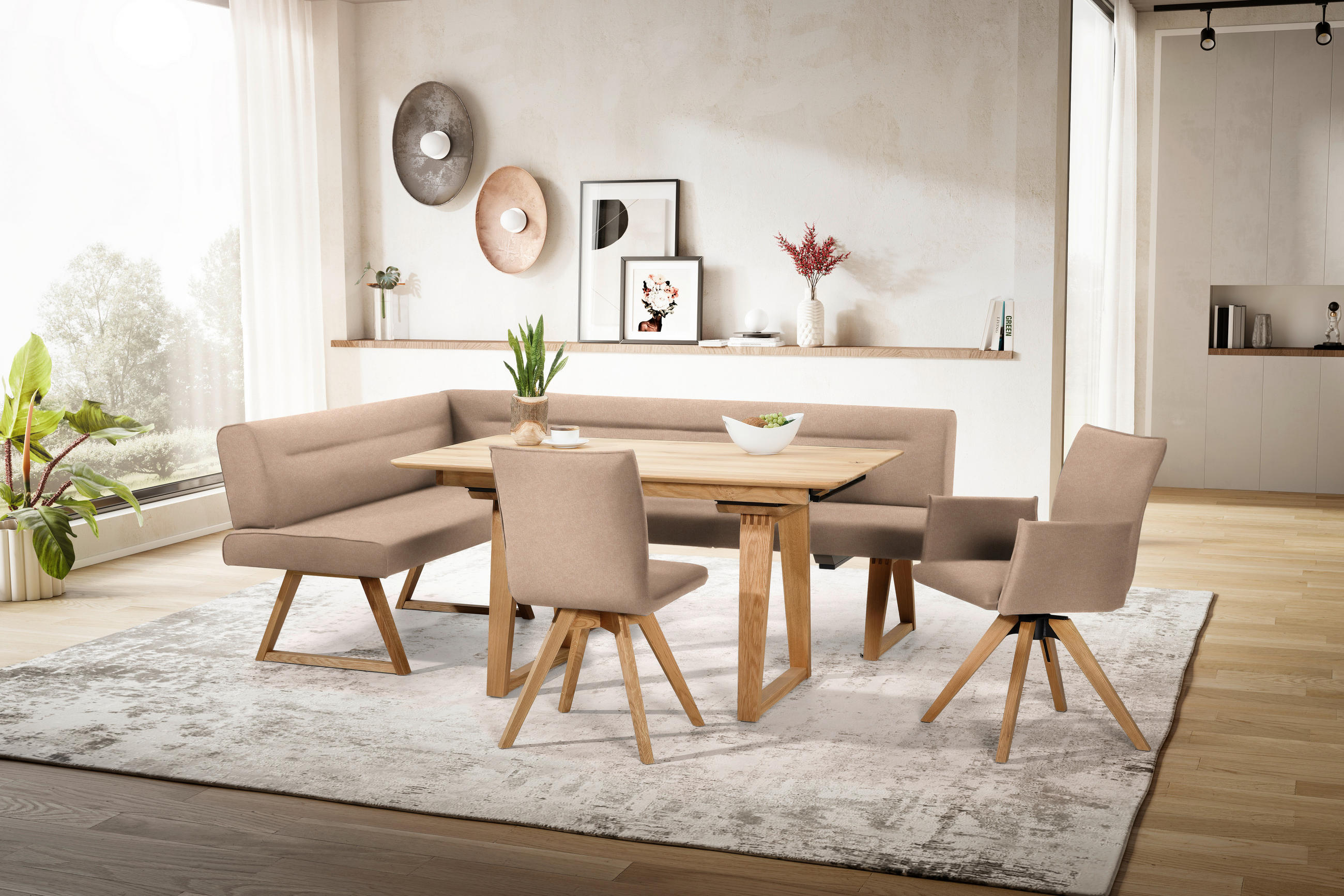 ECKBANK 170/230 cm Mikrofaser, Lederlook (vegan) Eichefarben, Beige Wildeiche massiv   - Eichefarben/Beige, KONVENTIONELL, Holz/Textil (170/230cm) - Moderano