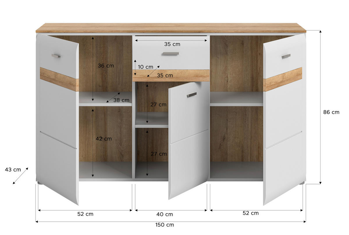 ŠIROKÁ KOMODA, 150/86/43 cm - Design, kov/kompozitní dřevo (150/86/43cm) - MID.YOU