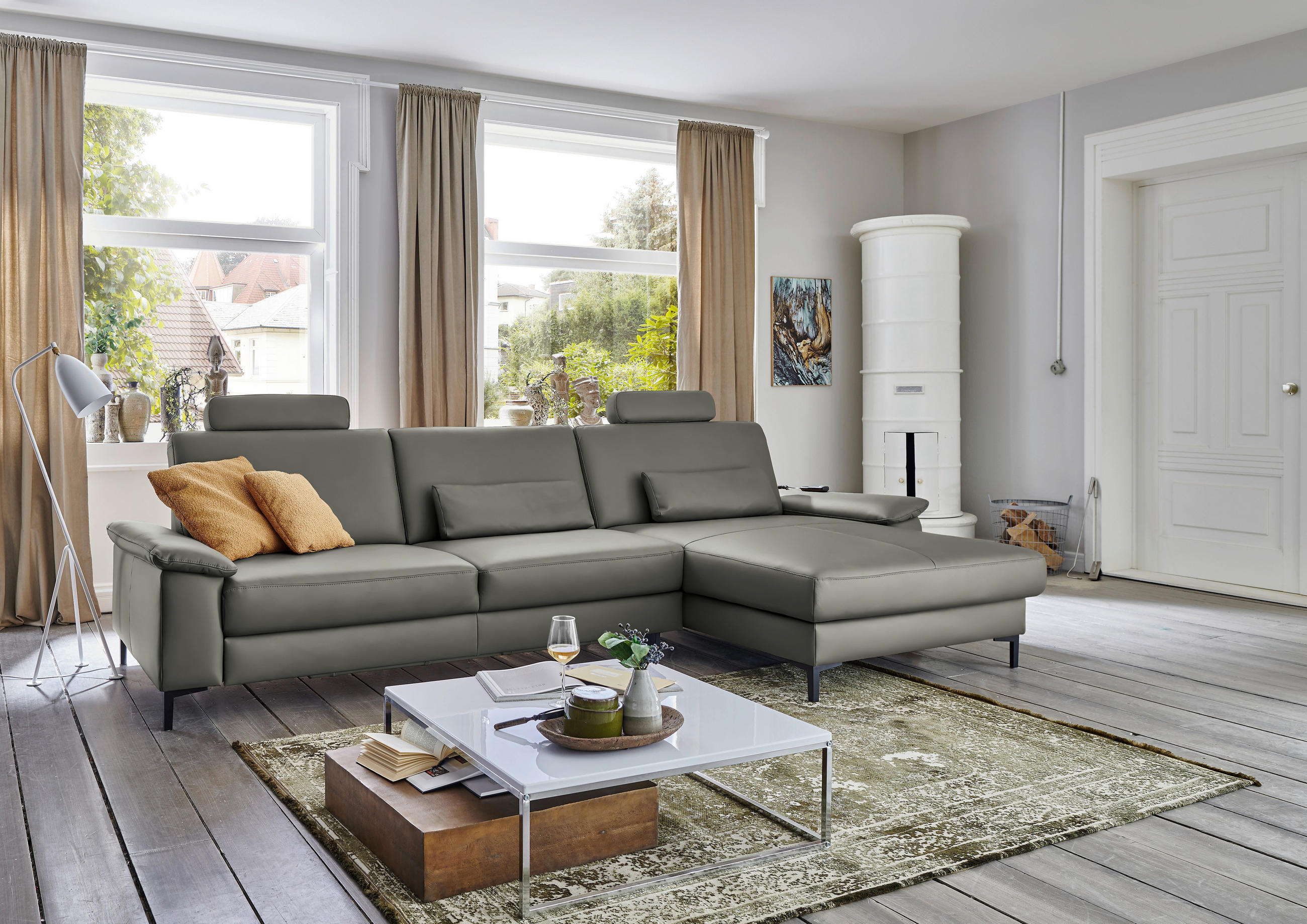 ECKSOFA in Echtleder Grau  334/176 cm  - Schwarz/Grau, Design, Leder/Metall (334/176cm) - Dieter Knoll