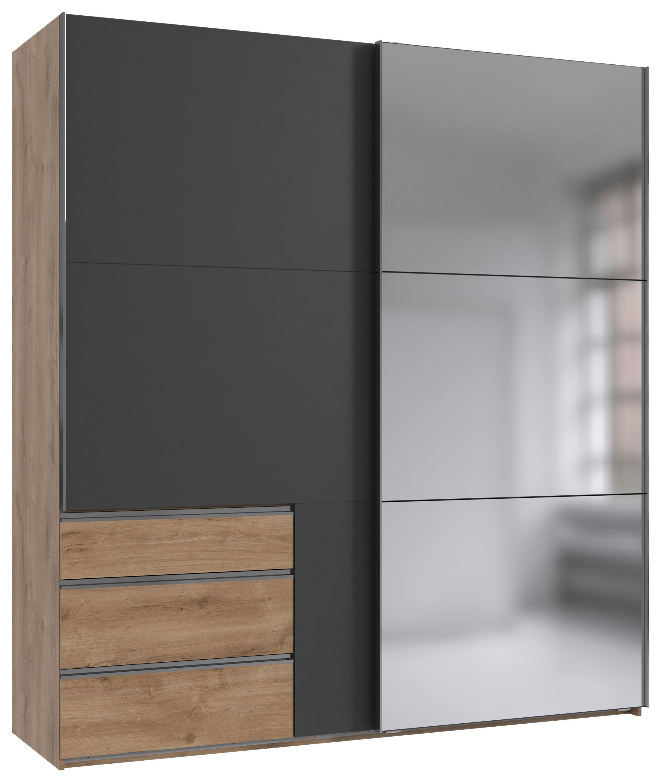 SCHWEBETÜRENSCHRANK 250/216/65 cm 2-türig Graphitfarben, Eichefarben  - Chromfarben/Eichefarben, MODERN, Glas/Holzwerkstoff (250/216/65cm) - MID.YOU