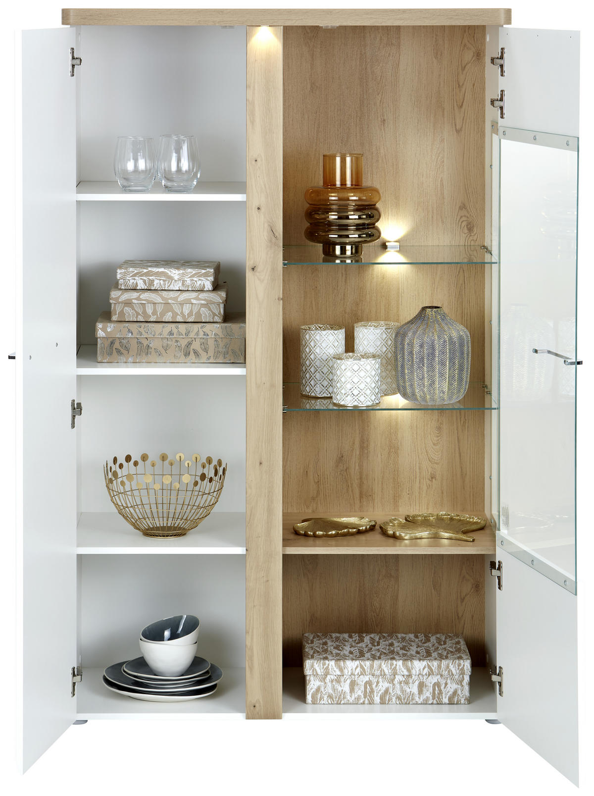 VITRINE in Weiß, Eichefarben  - Chromfarben/Eichefarben, MODERN, Glas/Holzwerkstoff (98,5/164/43,2cm)