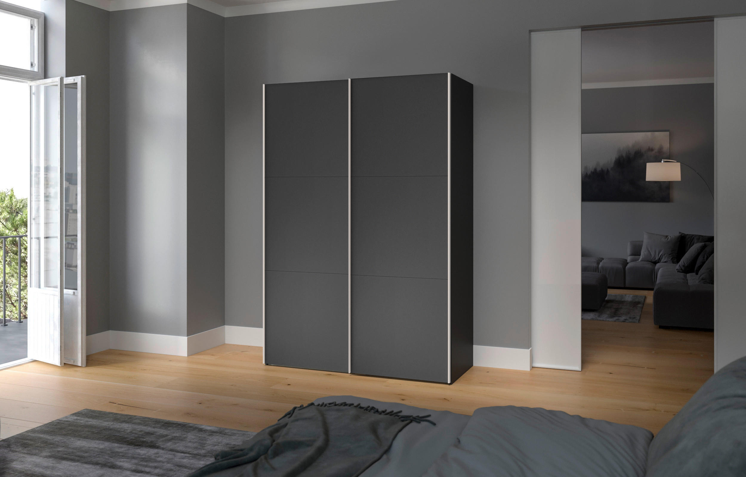 SCHWEBETÜRENSCHRANK 152/195/65 cm 2-türig Anthrazit, Schwarz  - Edelstahlfarben/Anthrazit, Design, Holzwerkstoff (152/195/65cm) - Boxxx