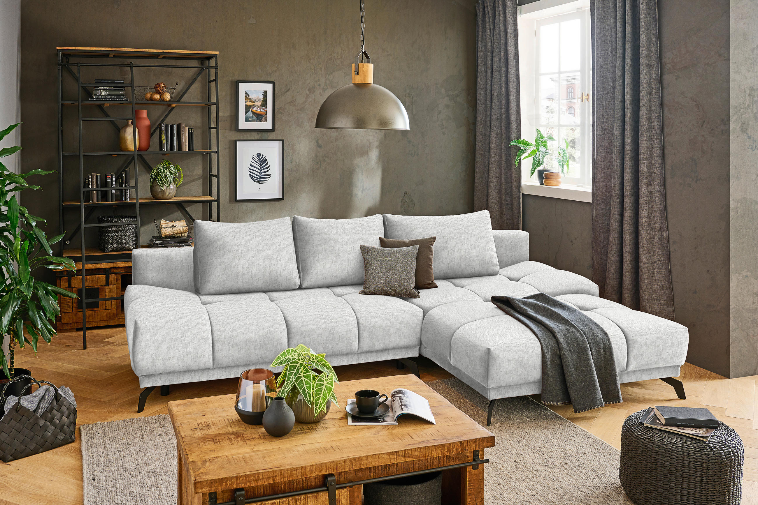 ECKSOFA Ecru Chenille  - Ecru/Schwarz, MODERN, Textil/Metall (290/182cm) - Hom`in