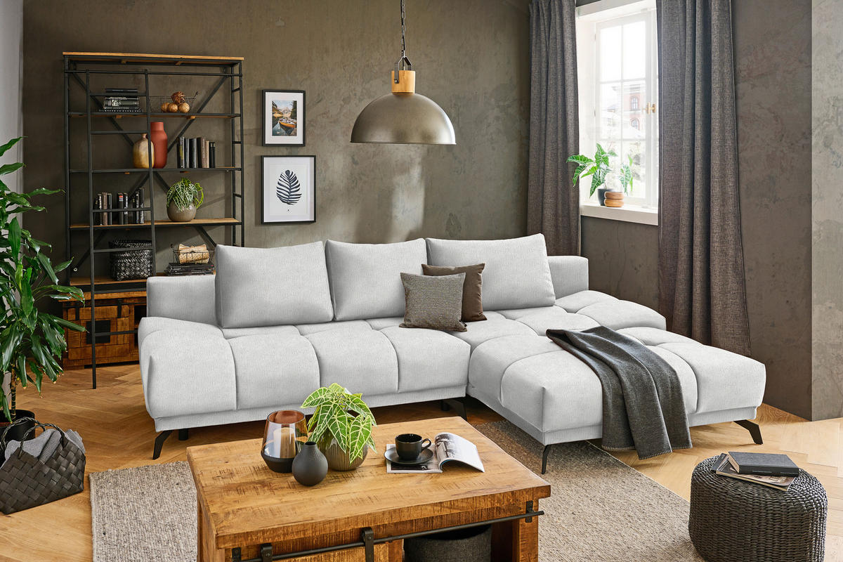 ECKSOFA in Chenille Ecru  - Ecru/Schwarz, Modern, Textil/Metall (290/182cm) - Hom`in