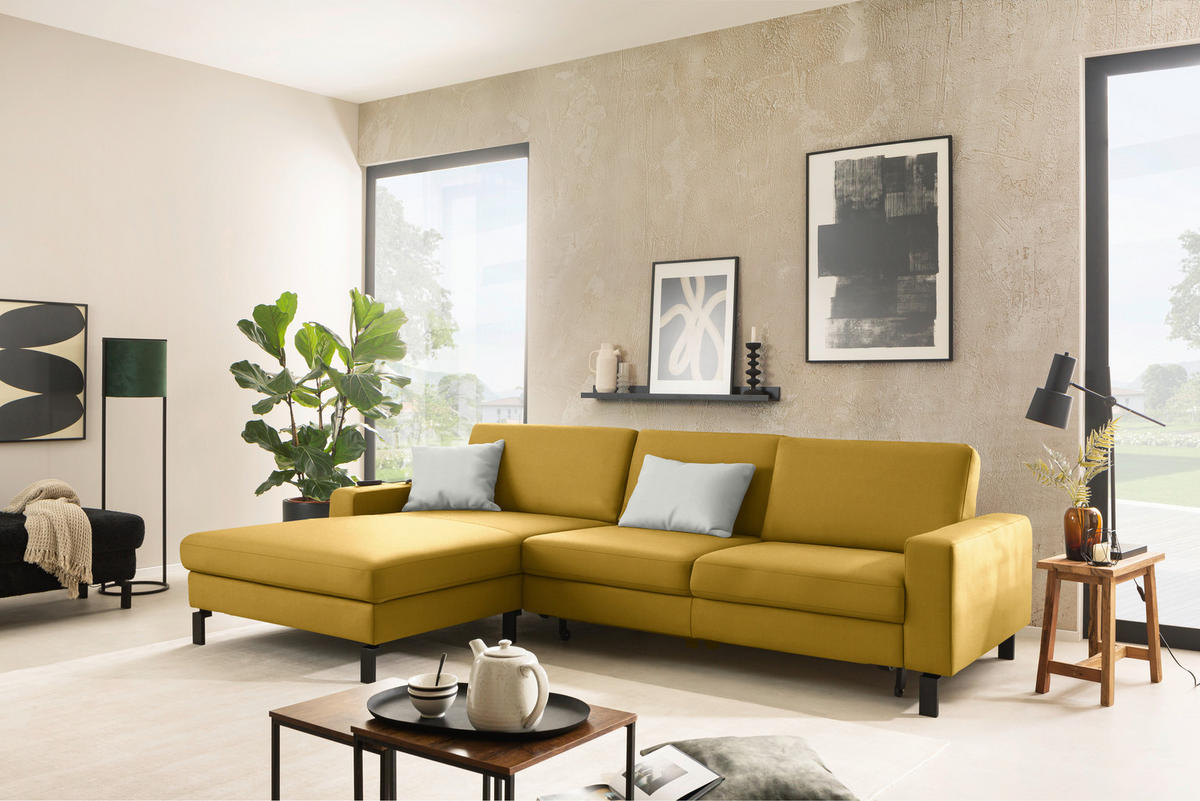 ECKSOFA  in Cord Goldfarben Rücken echt, Sitztiefenverstellung  185/298 cm  - Goldfarben/Schwarz, Design, Textil/Metall (185/298cm) - Pure Home Lifestyle