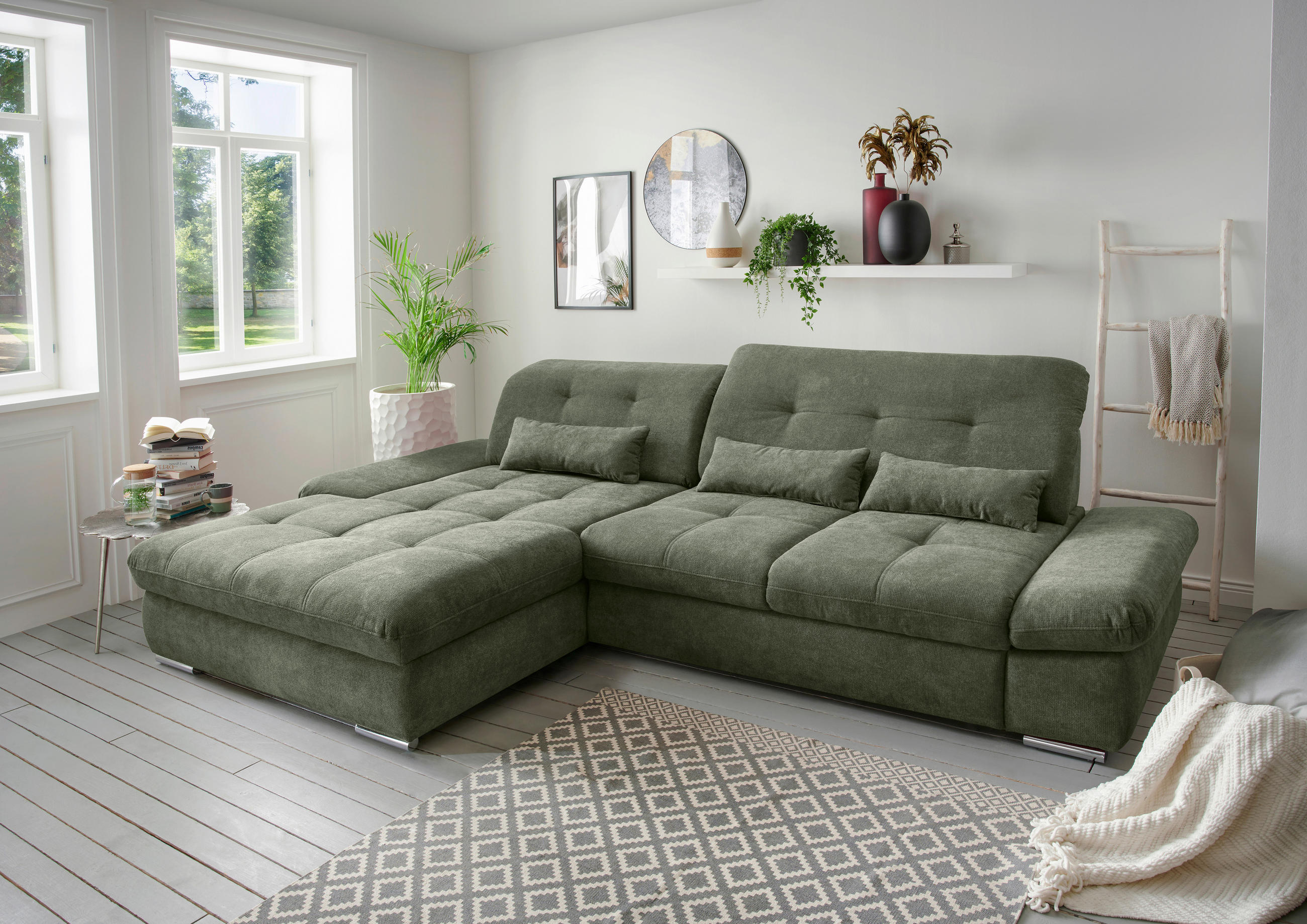 ECKSOFA in Chenille Dunkelgrün  - Chromfarben/Dunkelgrün, Design, Textil/Metall (196/300cm) - Livetastic