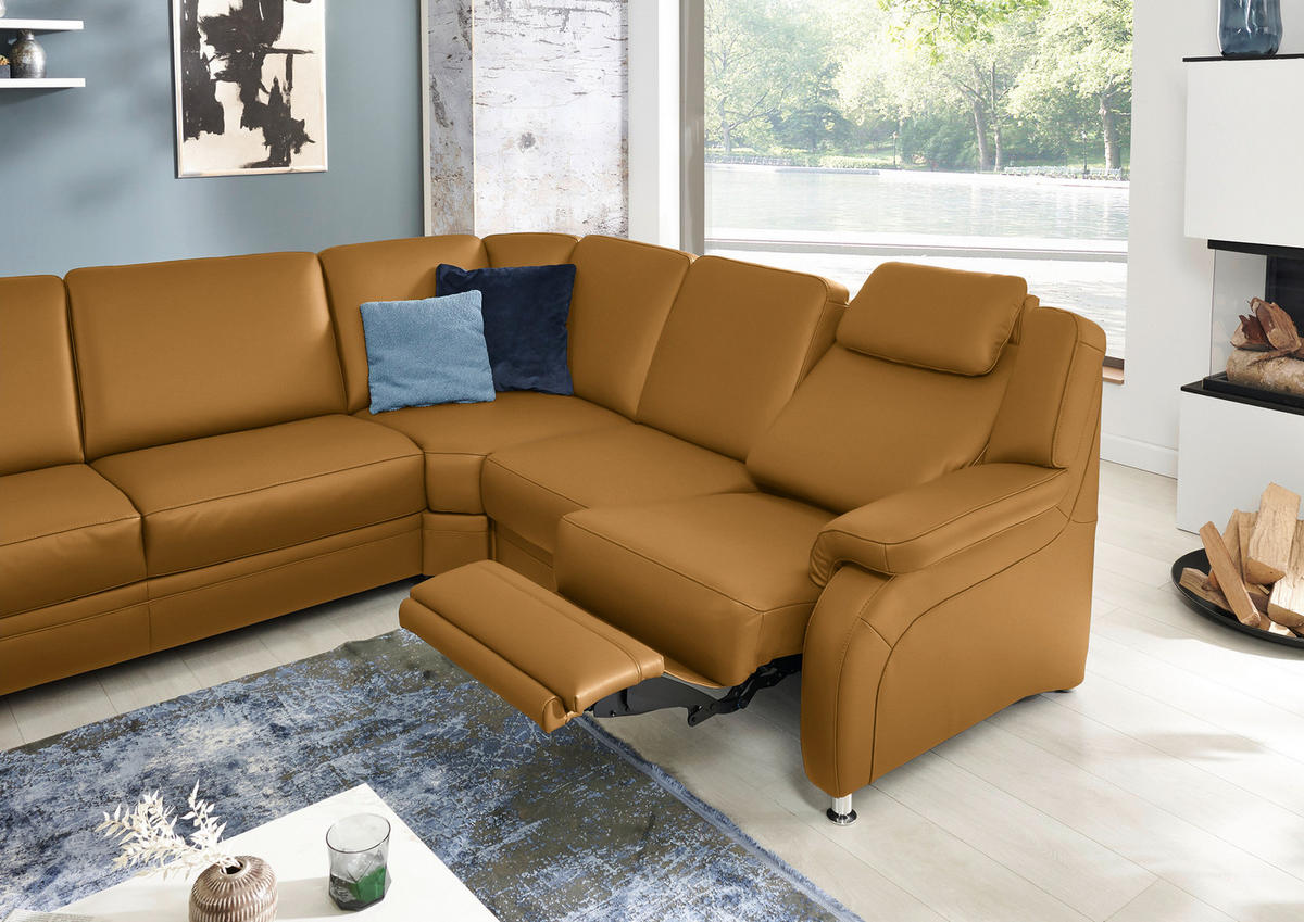 WOHNLANDSCHAFT Echtleder Senfgelb  - Senfgelb/Alufarben, Konventionell, Leder/Metall (165/329/239cm) - Beldomo Premium