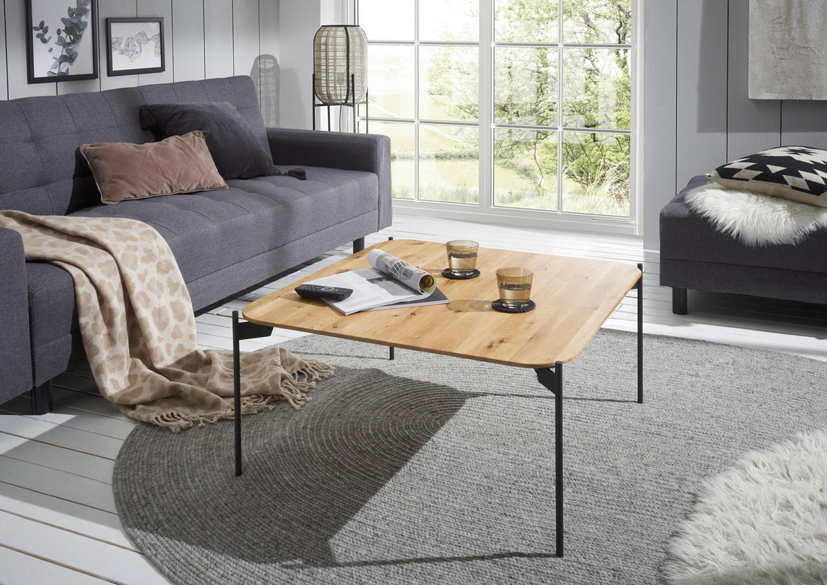 COUCHTISCH Eiche massiv 80/80/38 cm quadratisch Naturfarben, Schwarz  - Schwarz/Naturfarben, Design, Holz/Metall (80/80/38cm) - Linea Natura